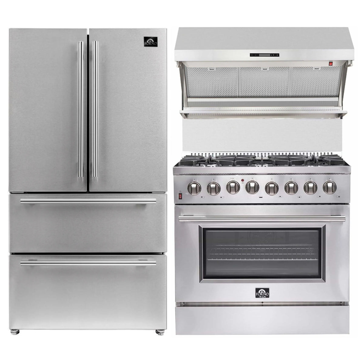 Forno 3-Piece Appliance Package - 36-Inch Dual Fuel Range, Refrigerator, & Wall Mount Hood with Backsplash in Stainless Steel