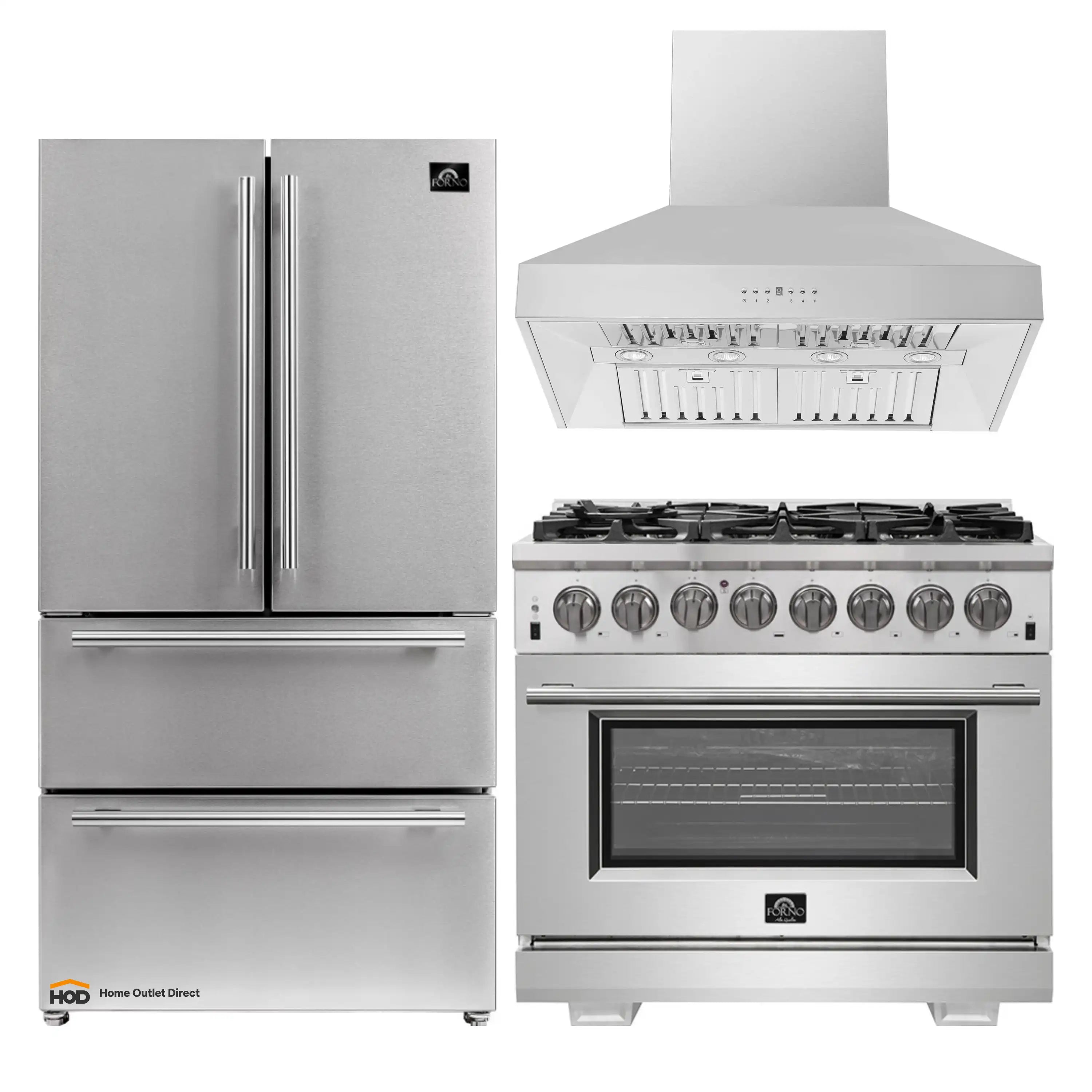 Stainless steel refrigerator, dual fuel range, and wall mount hood set