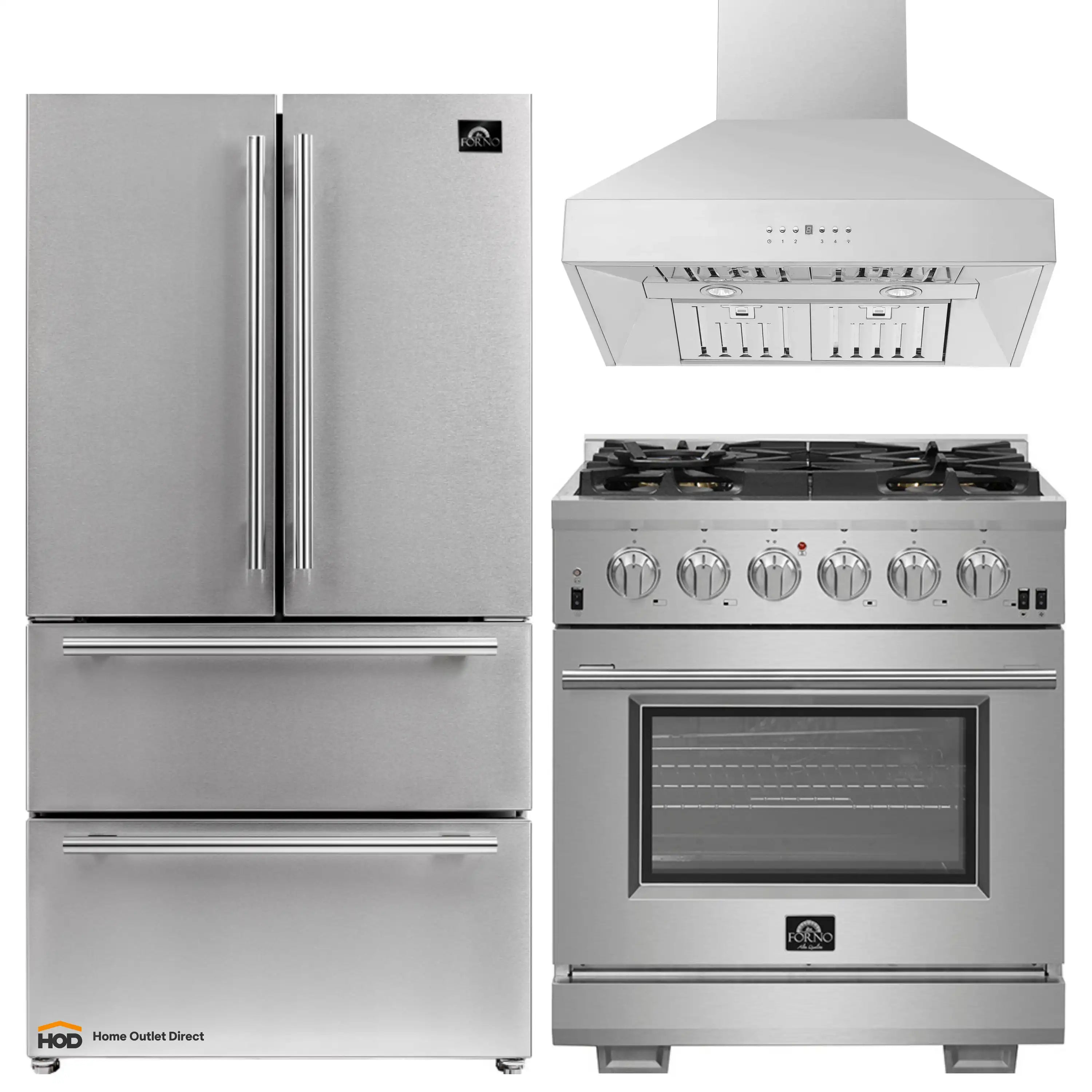 Stainless steel appliance package with refrigerator, gas range, and wall hood