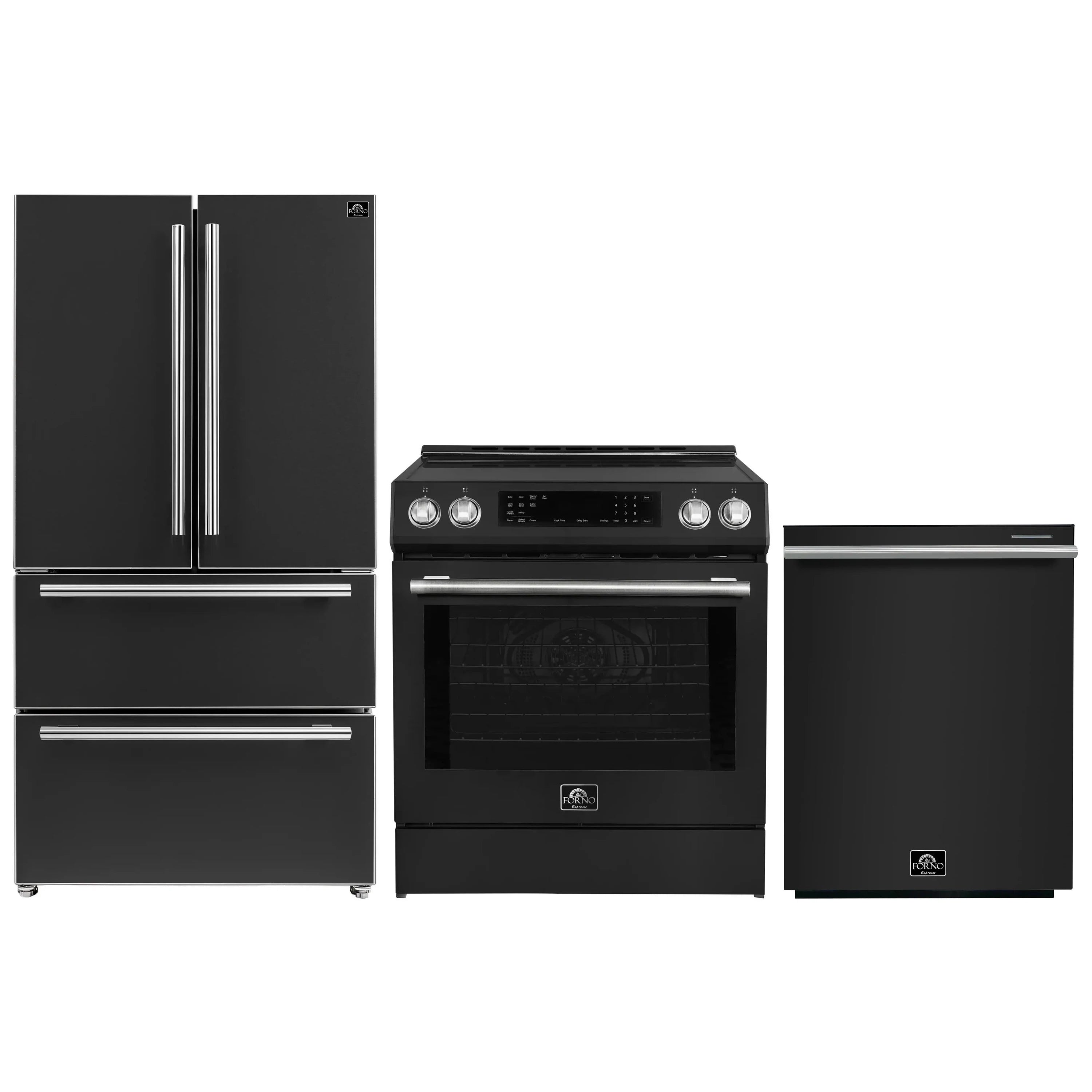 Black refrigerator, induction range, and dishwasher set with stainless trim