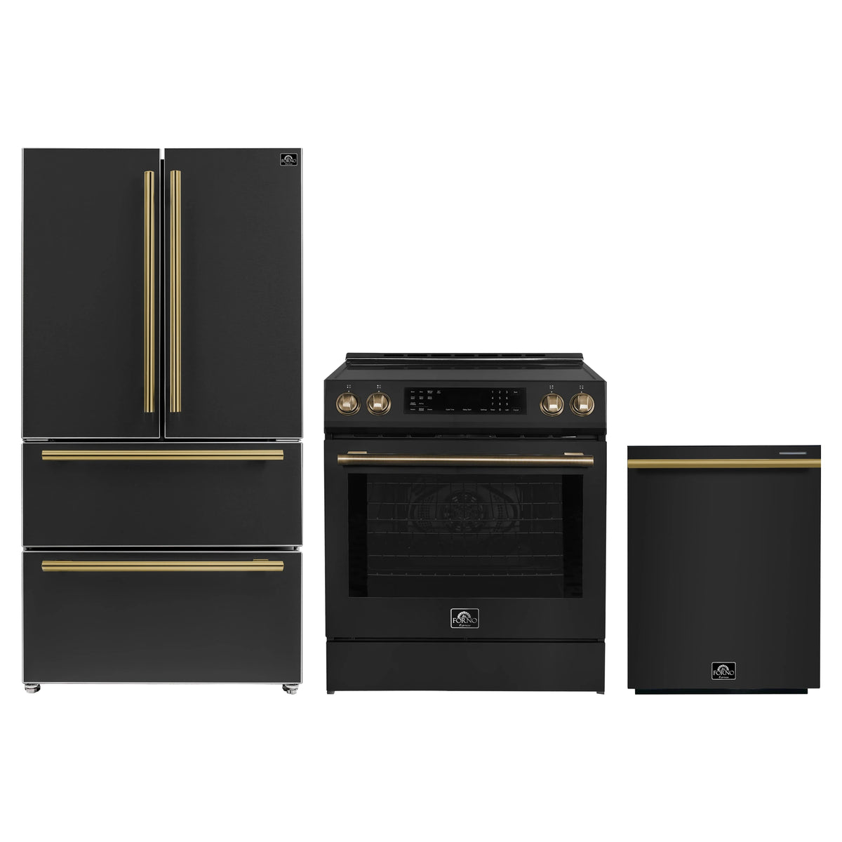Forno Espresso 3-Piece Appliance Package - 30-Inch Induction Range, Refrigerator and Dishwasher in Black with Antique Brass Trim