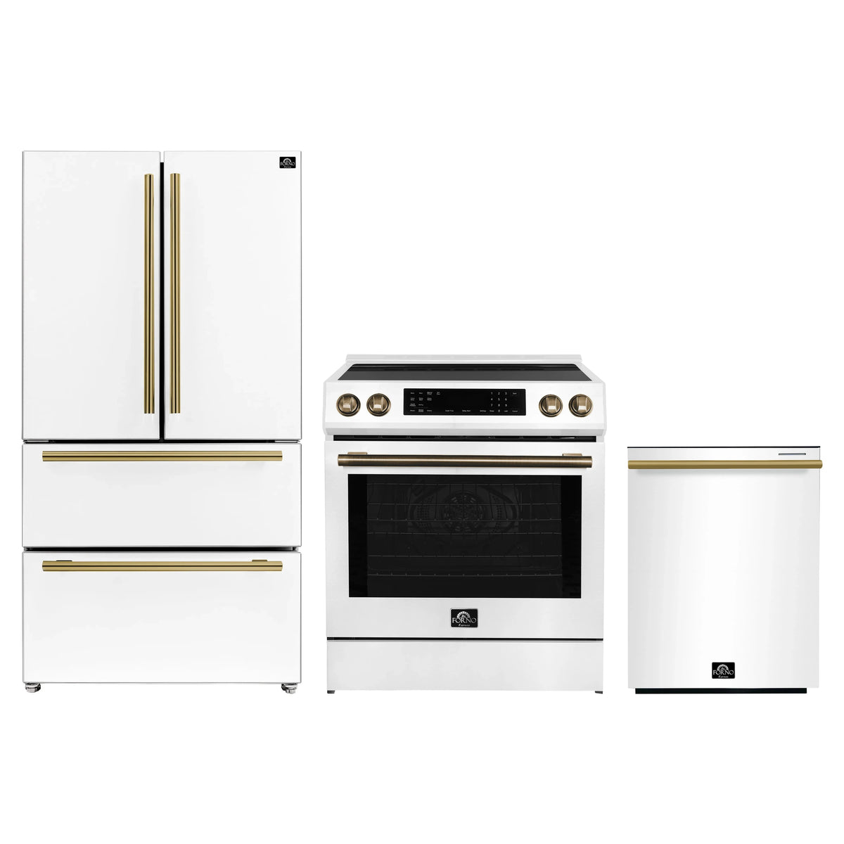 Forno Espresso 3-Piece Appliance Package - 30-Inch Induction Range, Refrigerator and Dishwasher in White with Antique Brass Trim
