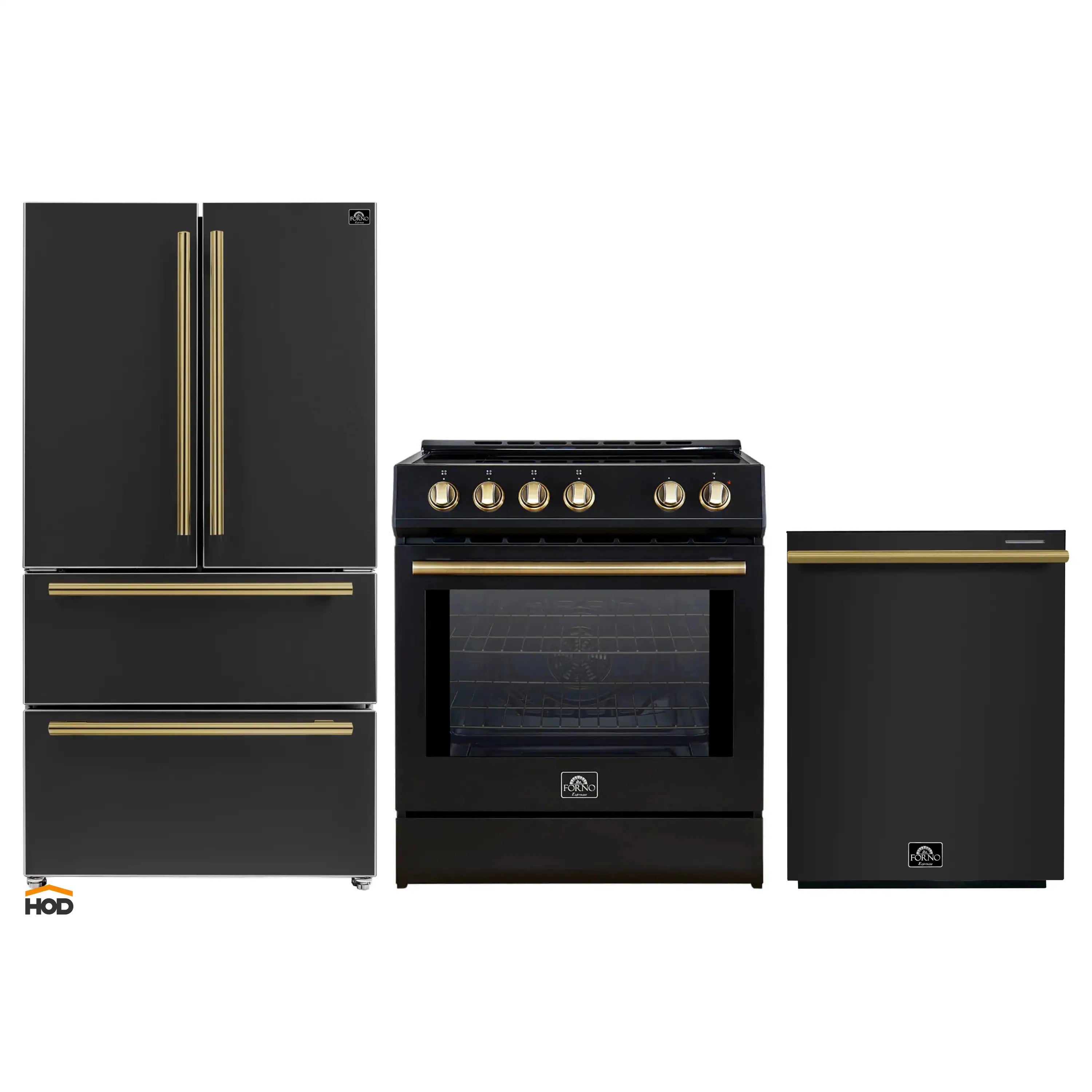 Three-piece black appliance set with antique brass trim: refrigerator, range, and dishwasher