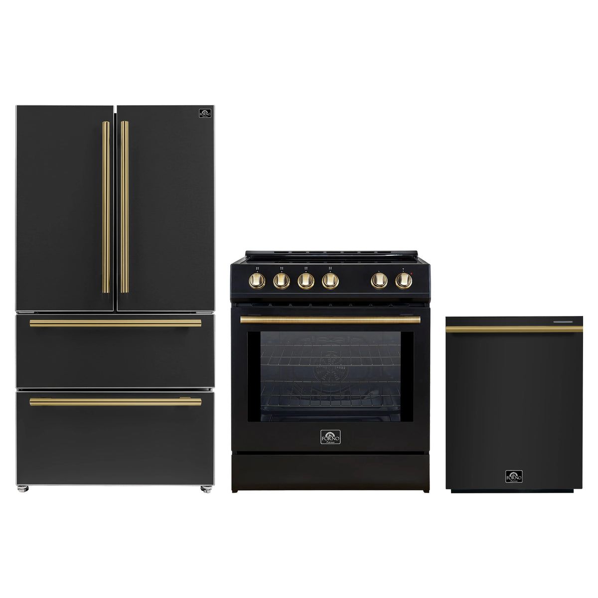 Forno 3-Piece Appliance Package - 30-Inch Induction Range, French Door Refrigerator, and Dishwasher in Black with Antique Brass Trim