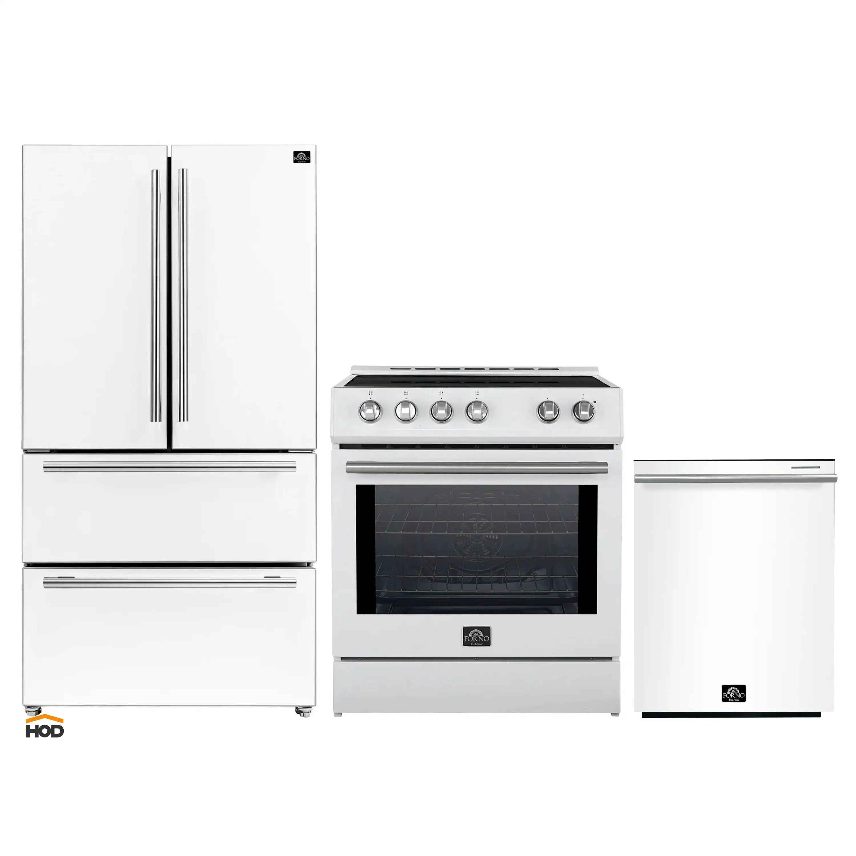 White French-door refrigerator, stainless-handled range oven, and dishwasher