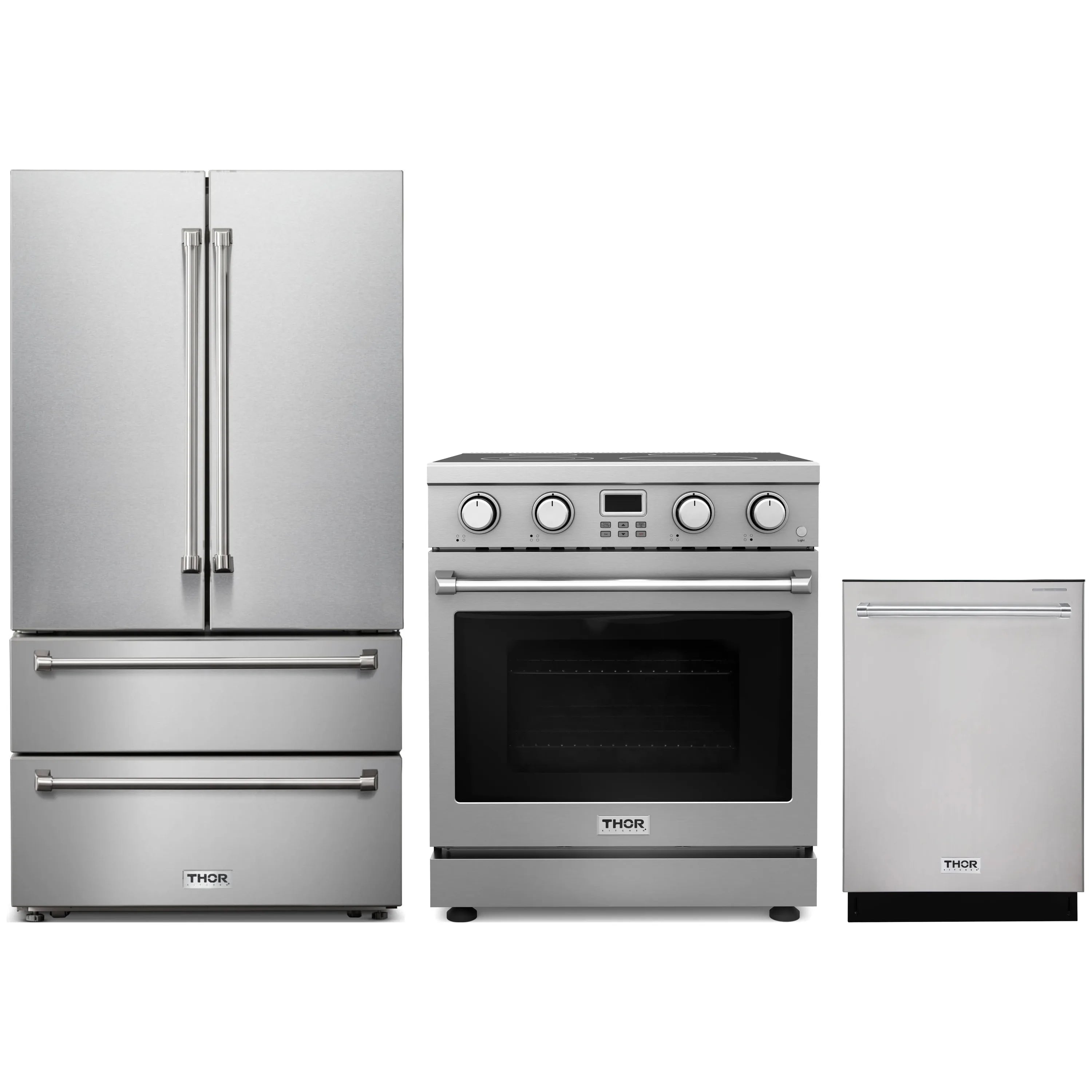 Stainless steel 3-piece appliance set: refrigerator, electric range, and dishwasher