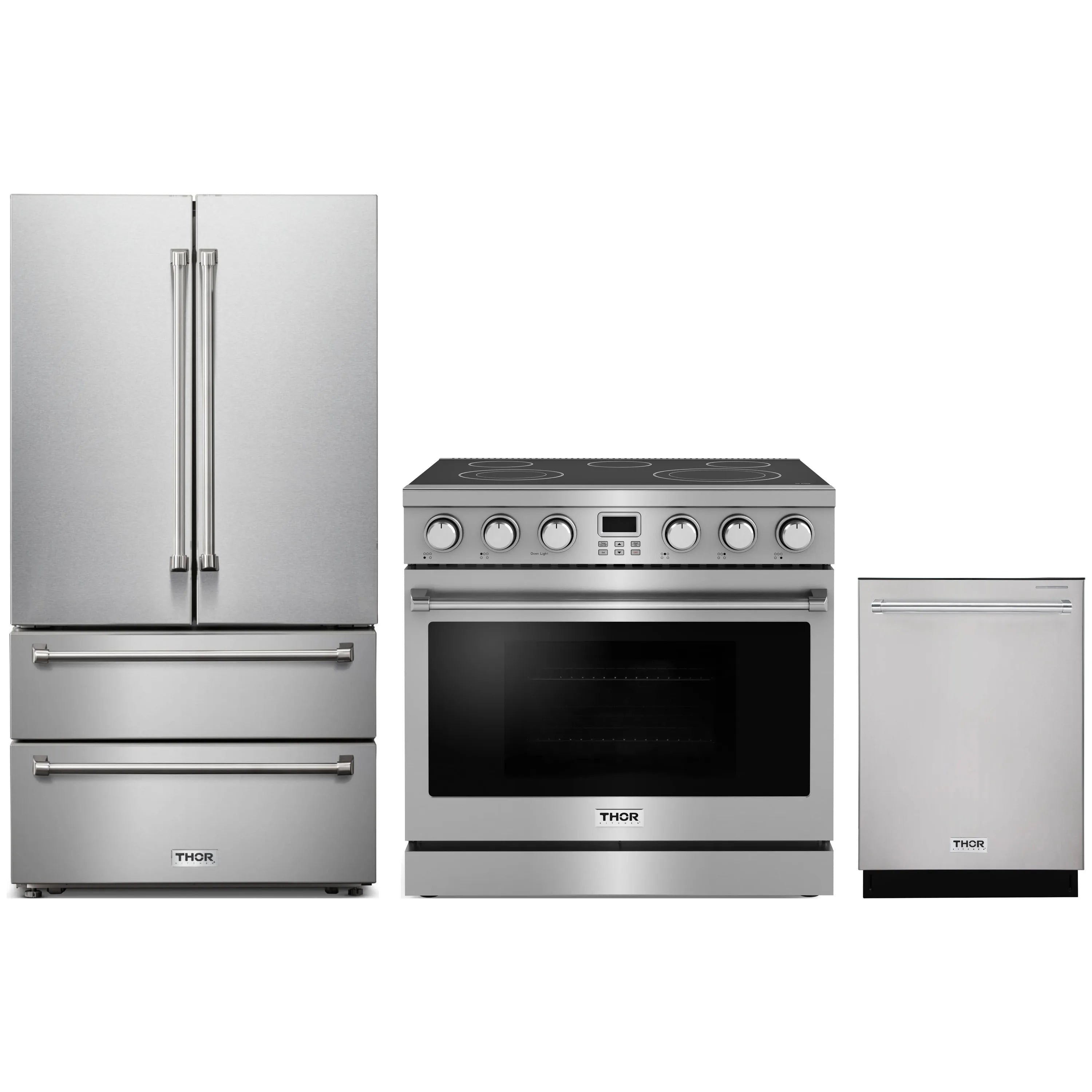 Stainless steel 3-piece appliance package with refrigerator, electric range, and dishwasher