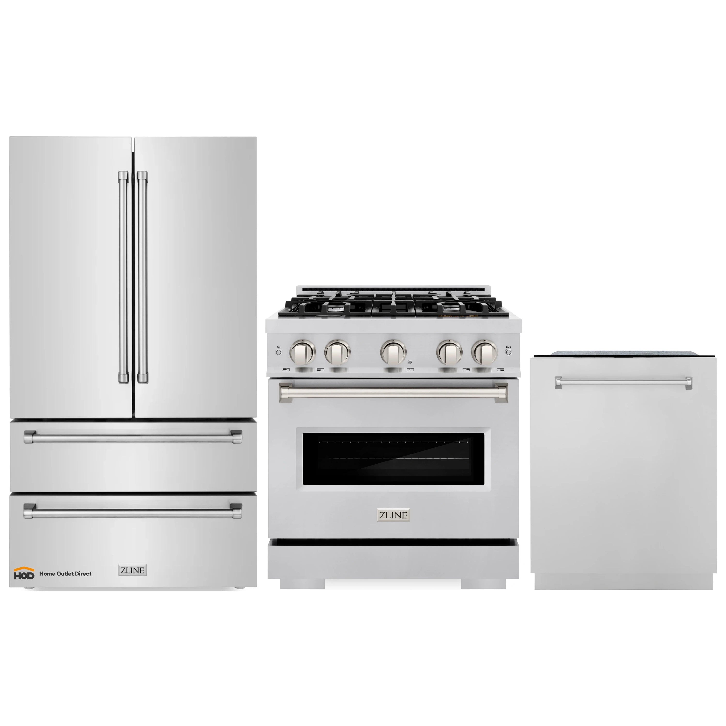 Stainless steel appliance package with refrigerator, range, and dishwasher