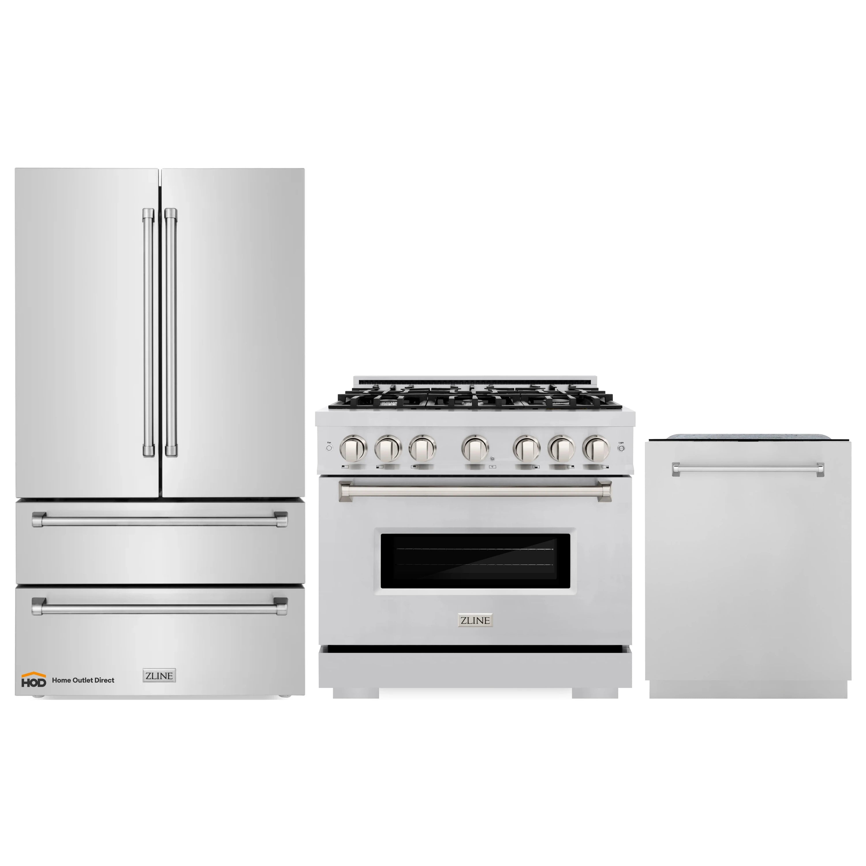 Stainless steel appliance set with refrigerator, range, and dishwasher