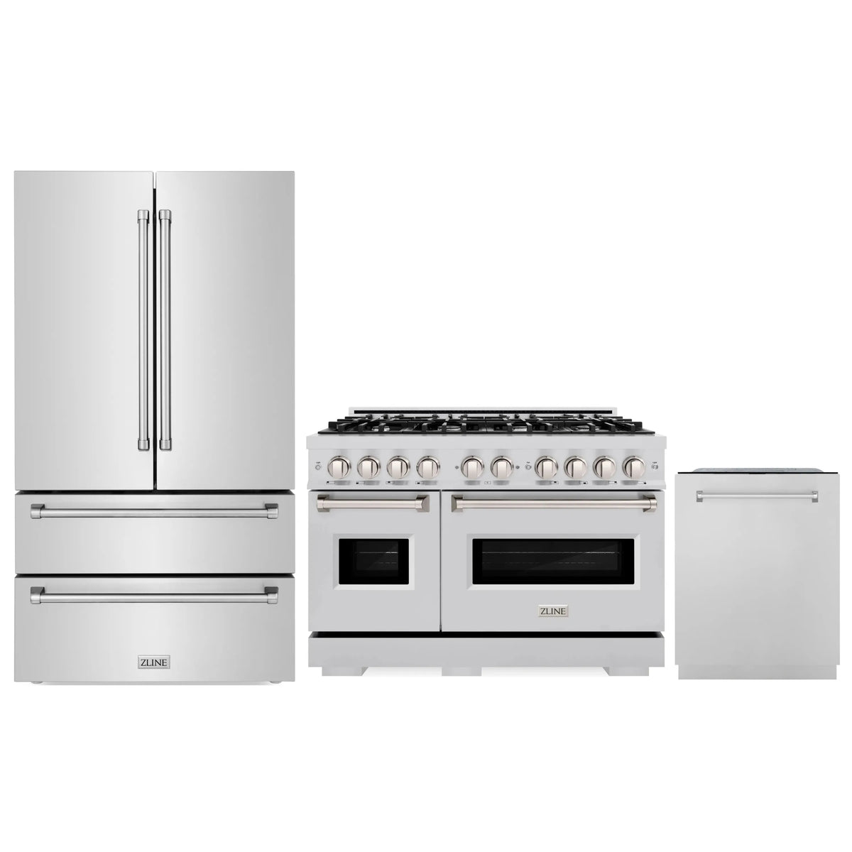 ZLINE 3-Piece Appliance Package - 48-Inch Dual Fuel Range, Refrigerator, and Dishwasher in Stainless Steel