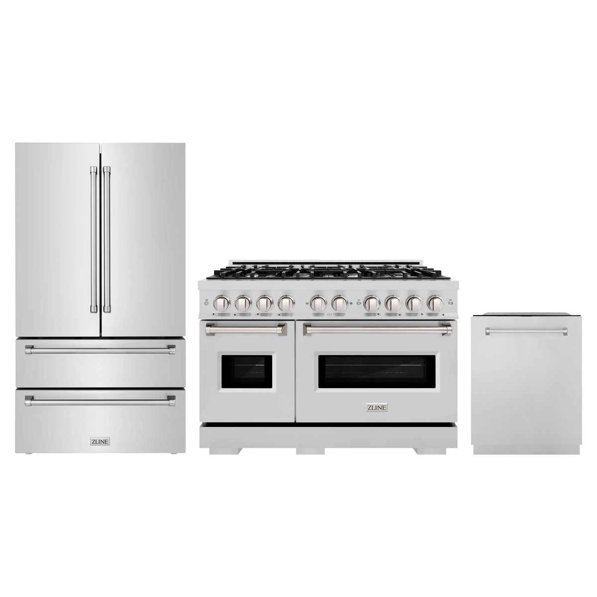 ZLINE 3-Piece Appliance Package - 48-Inch Dual Fuel Range, Refrigerator, and Dishwasher in Stainless Steel