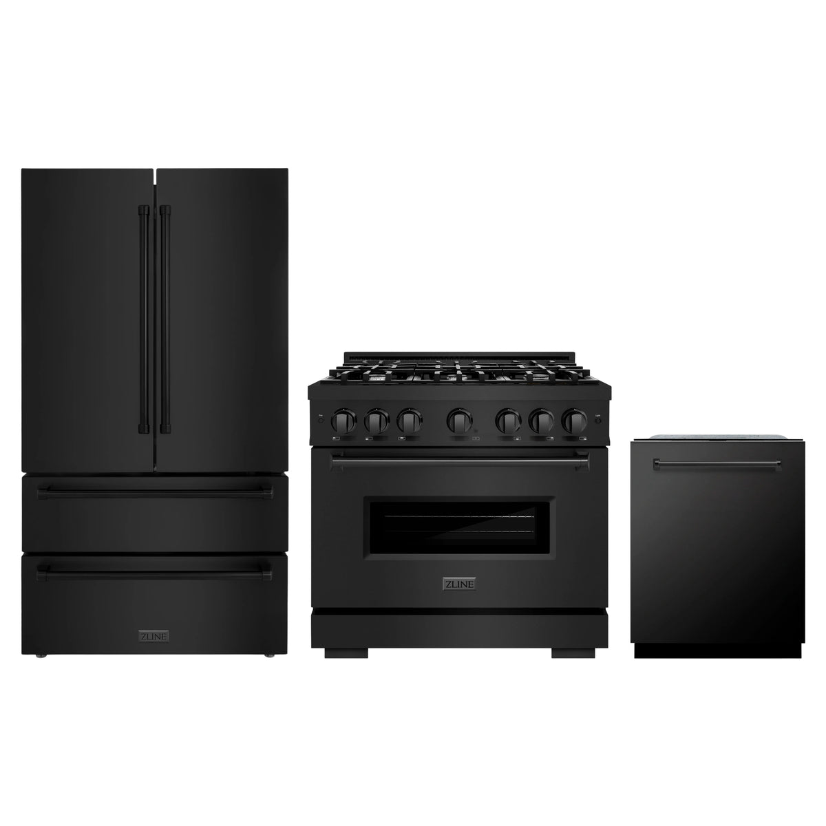 ZLINE 3-Piece Appliance Package - 36-Inch Dual Fuel Range, Refrigerator, and Dishwasher in Black Stainless Steel