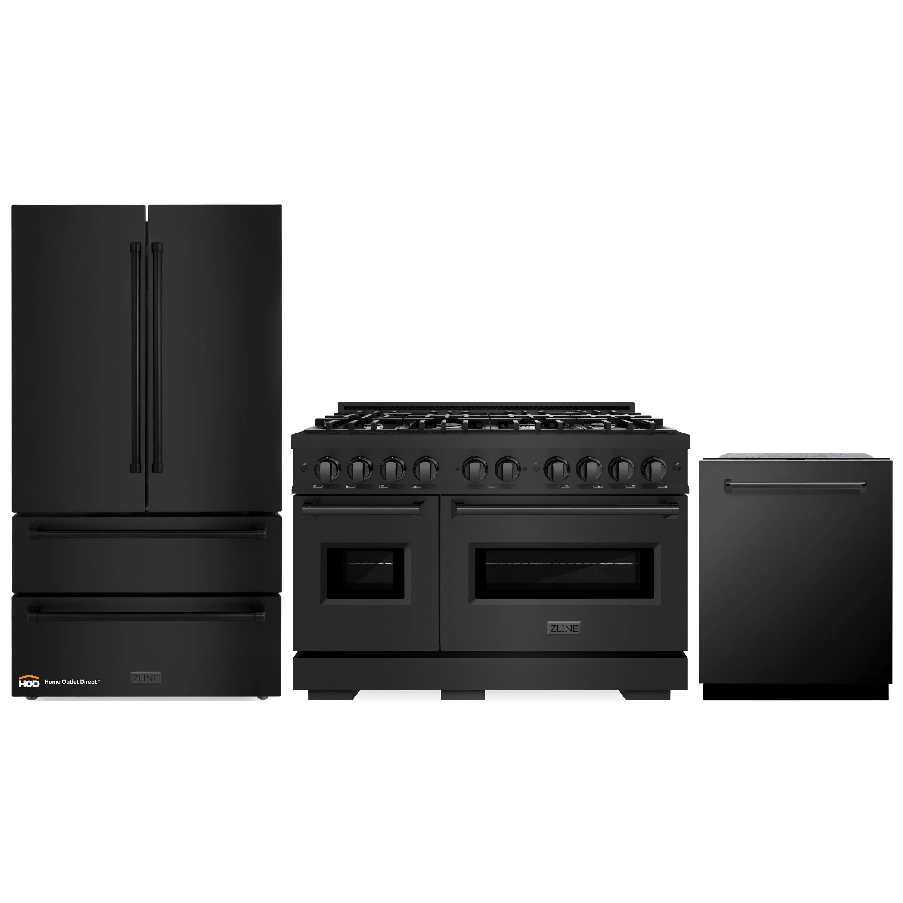 Three-piece kitchen appliance set in black stainless: range, refrigerator, and dishwasher