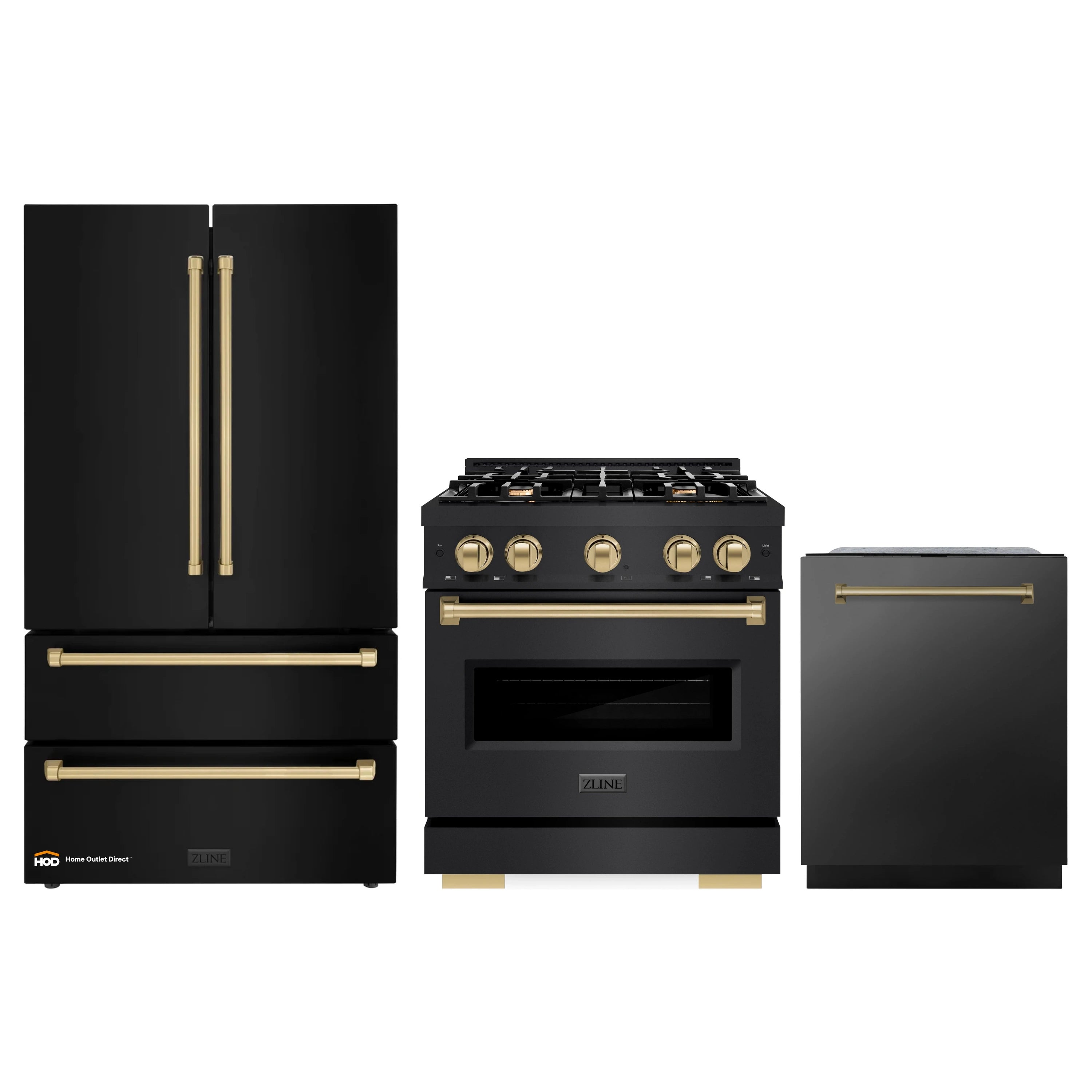 Three-piece black stainless appliance set: refrigerator, range, and dishwasher with bronze accents