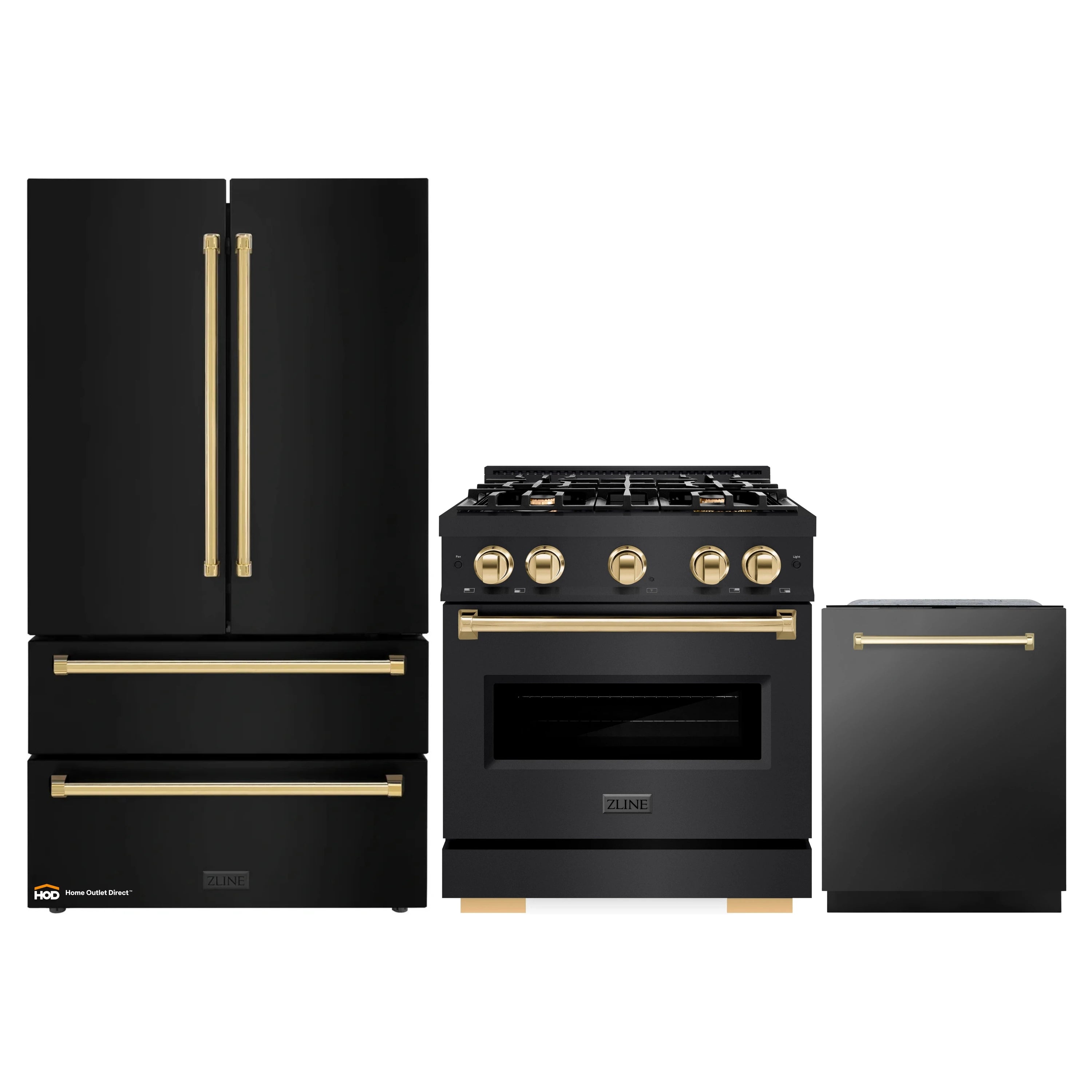 3-piece appliance set: black refrigerator, dual-fuel range, and dishwasher with gold accents