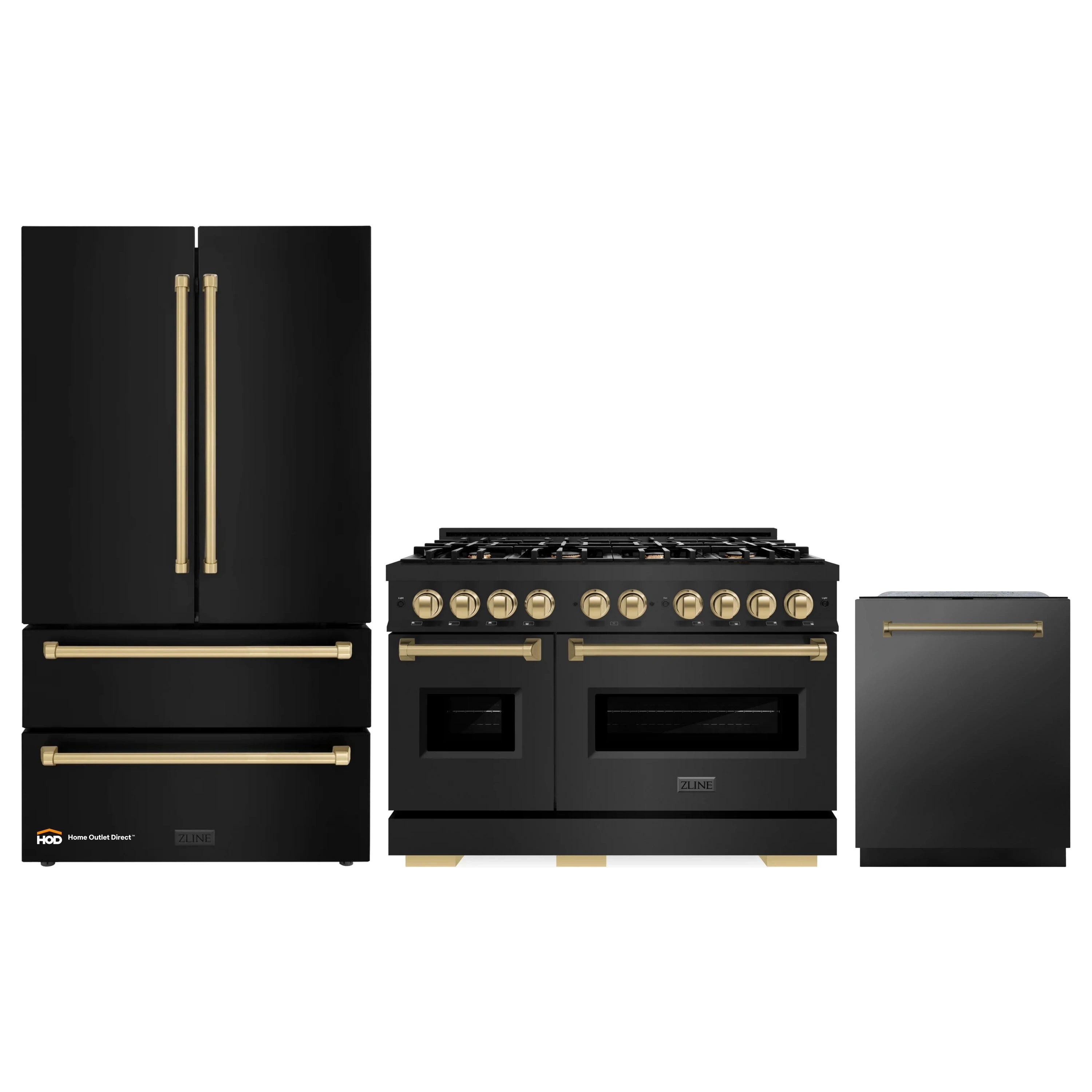 3-piece black stainless appliance package: range, refrigerator, dishwasher with bronze accents