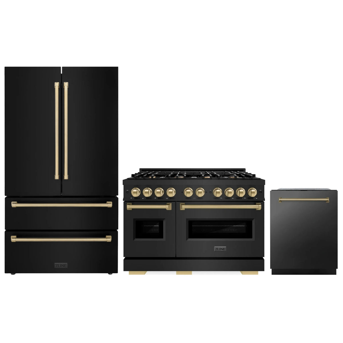 ZLINE 3-Piece Appliance Package - 48-Inch Dual Fuel Range, Refrigerator, and Dishwasher in Black Stainless Steel with Champagne Bronze Accents