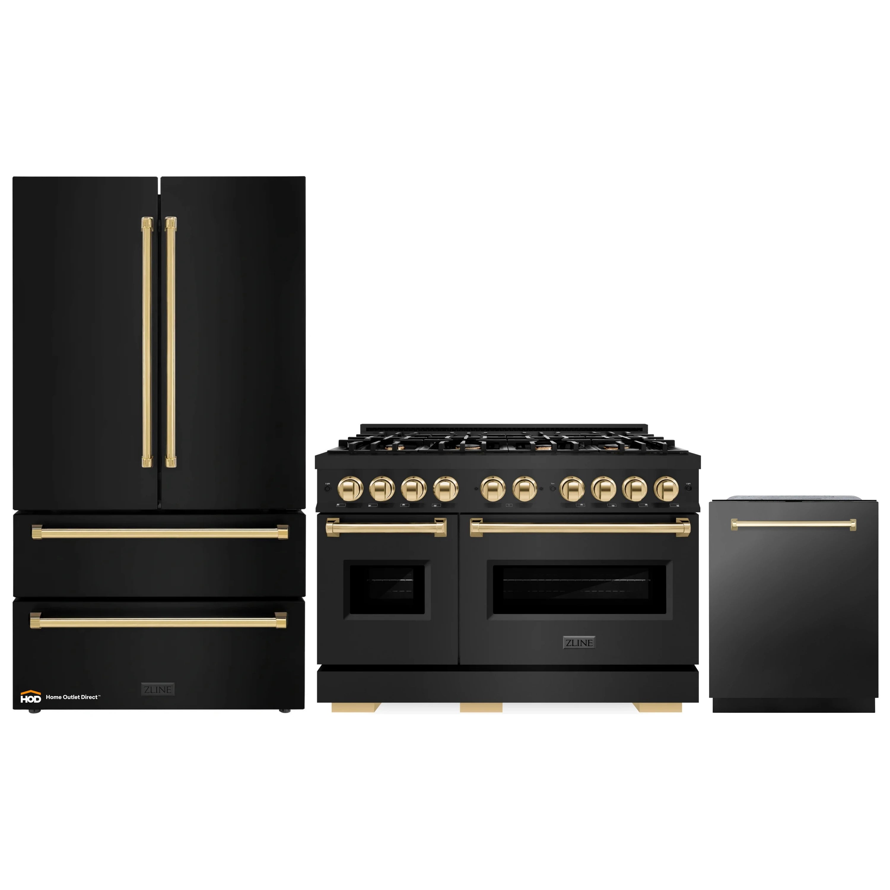 Black stainless 3-piece set: range, refrigerator, and dishwasher with gold accents