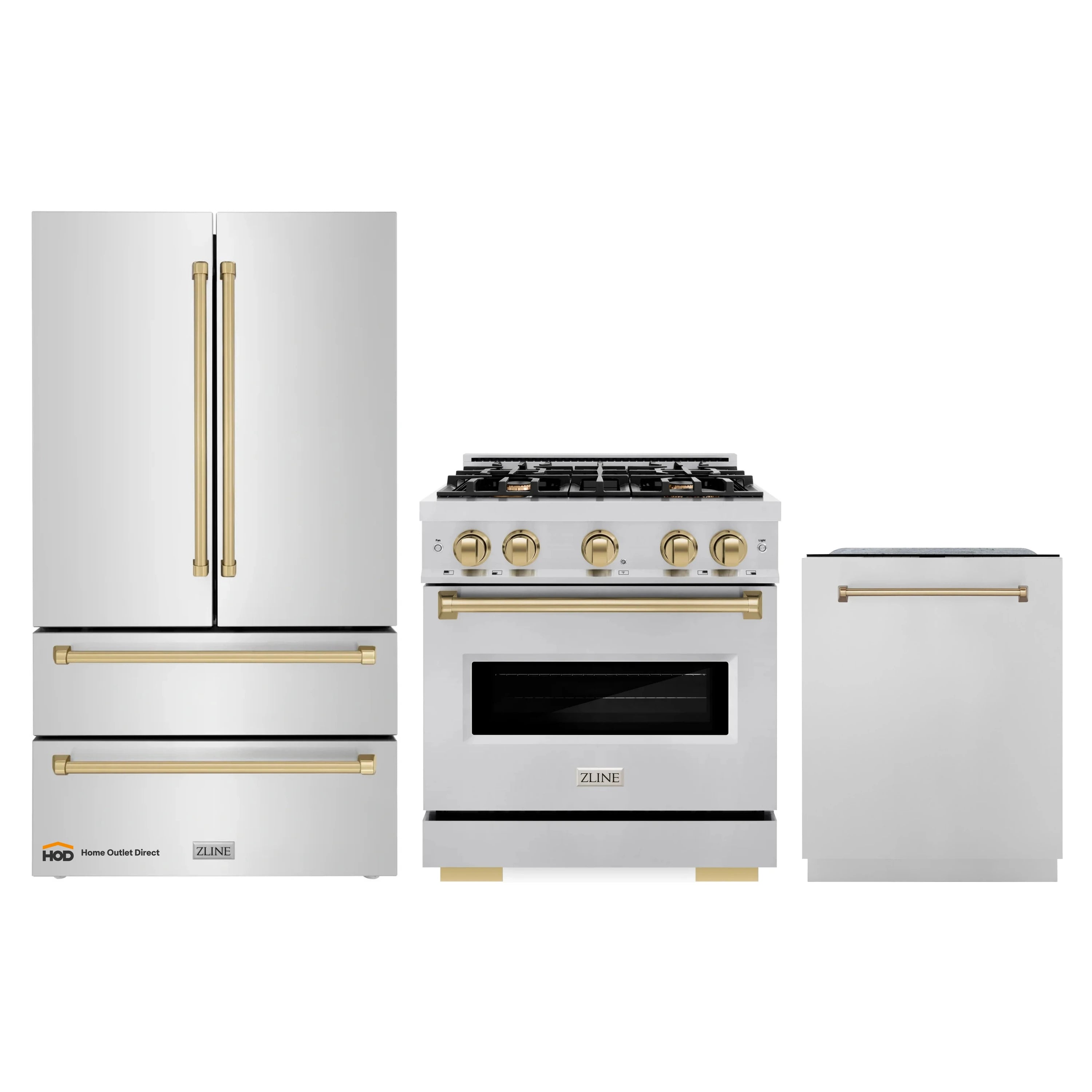 ZLINE appliance set: stainless refrigerator, dual fuel range, dishwasher with bronze accents