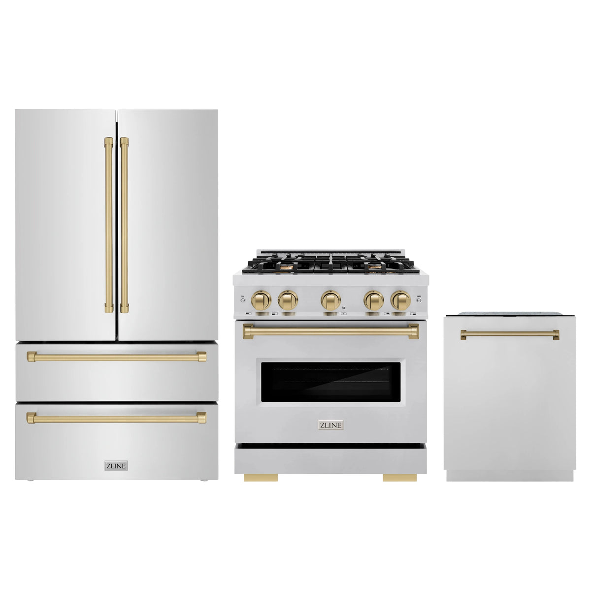 ZLINE 3-Piece Appliance Package - 30-Inch Dual Fuel Range, Refrigerator, and Dishwasher in Stainless Steel with Champagne Bronze Accents