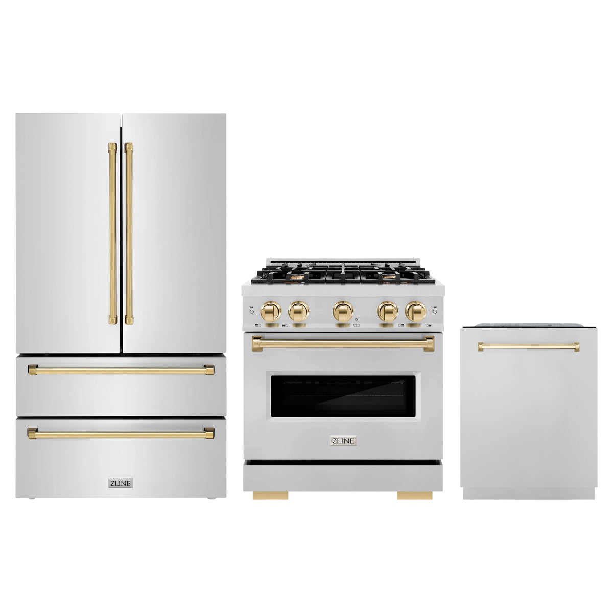 ZLINE 3-Piece Appliance Package - 30-Inch Dual Fuel Range, Refrigerator, and Dishwasher in Stainless Steel with Gold Accents