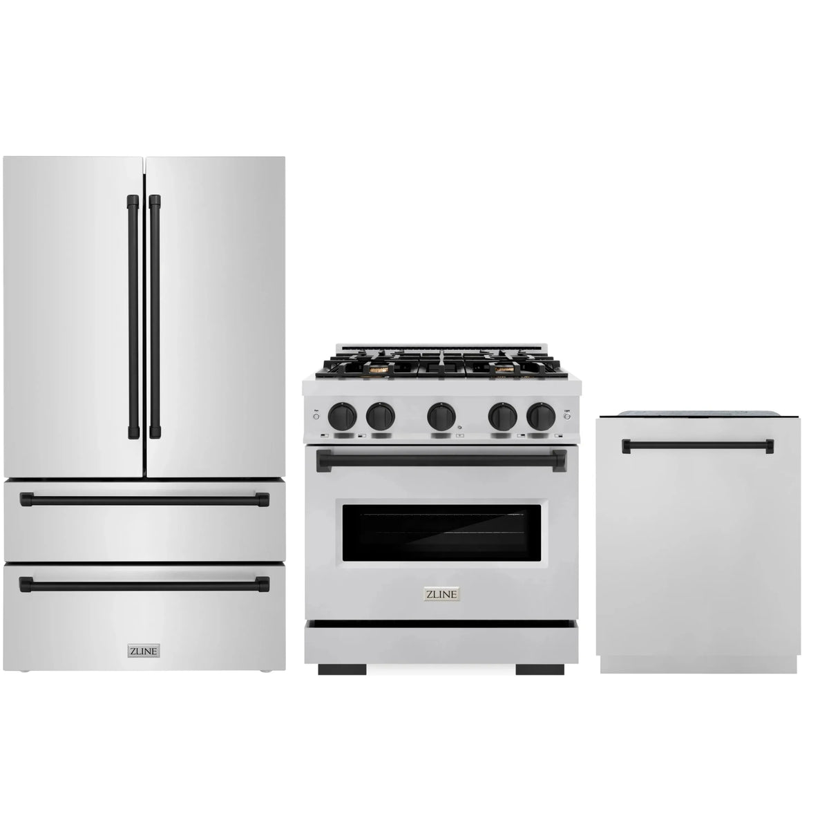 ZLINE 3-Piece Appliance Package - 30-Inch Dual Fuel Range, Refrigerator, and Dishwasher in Stainless Steel with Matte Black Accents