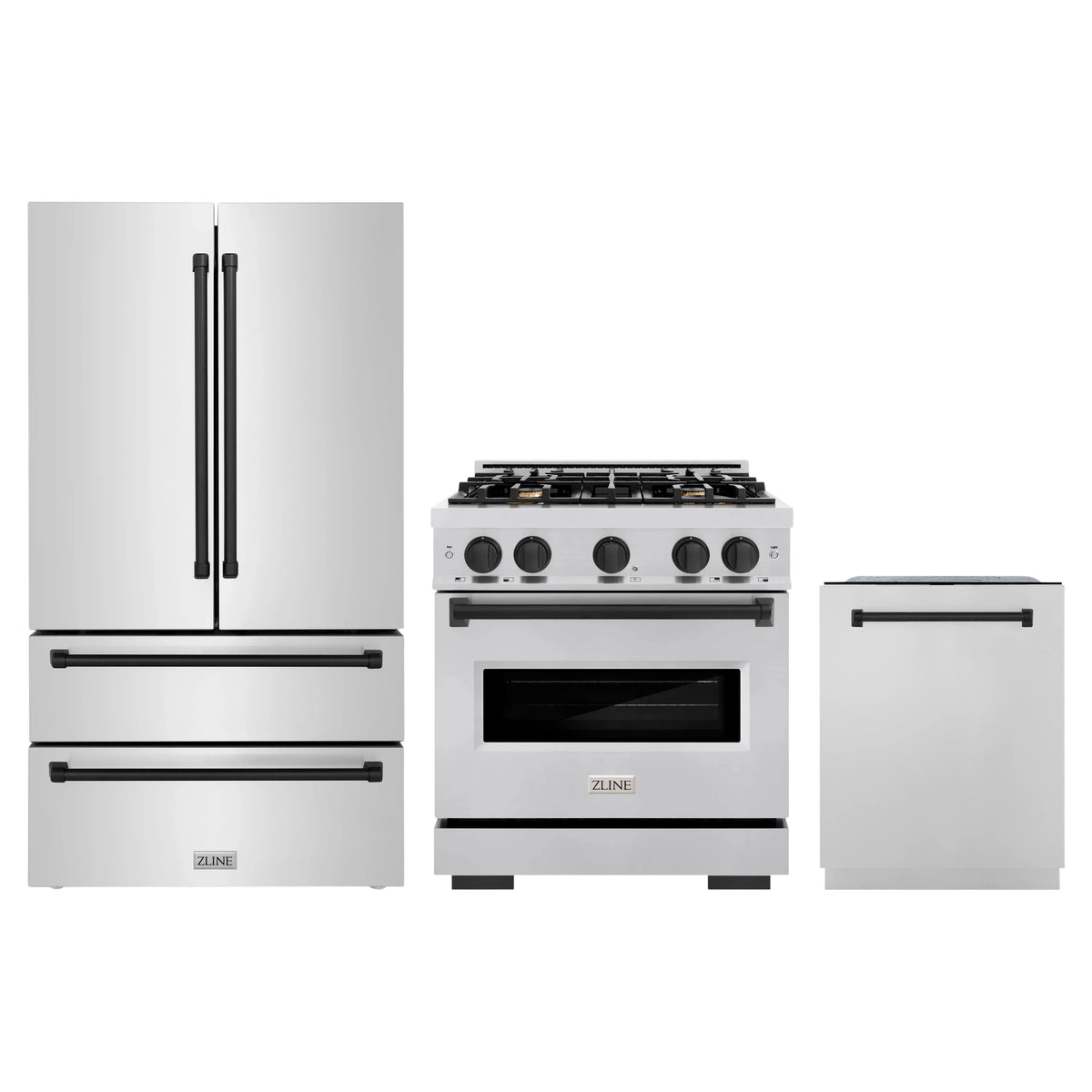ZLINE 3-Piece Appliance Package - 30-Inch Dual Fuel Range, Refrigerator, and Dishwasher in Stainless Steel with Matte Black Accents