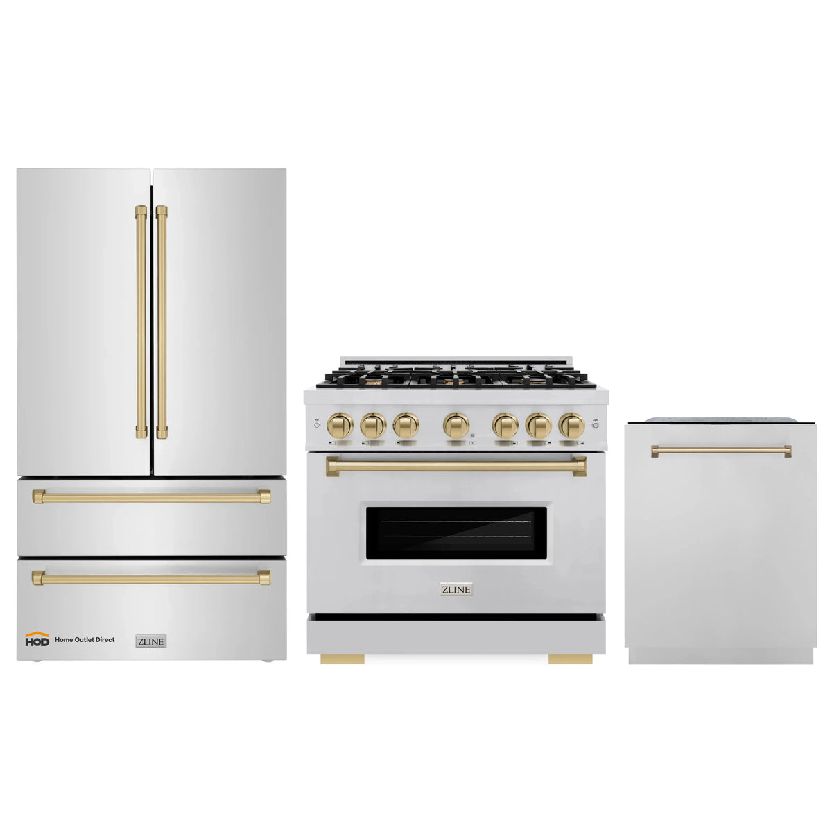 3-piece appliance package with stainless range, refrigerator, dishwasher and bronze accents