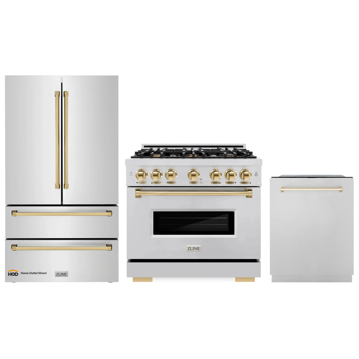Stainless 3-piece appliance set: refrigerator, dual fuel range, dishwasher with gold handles