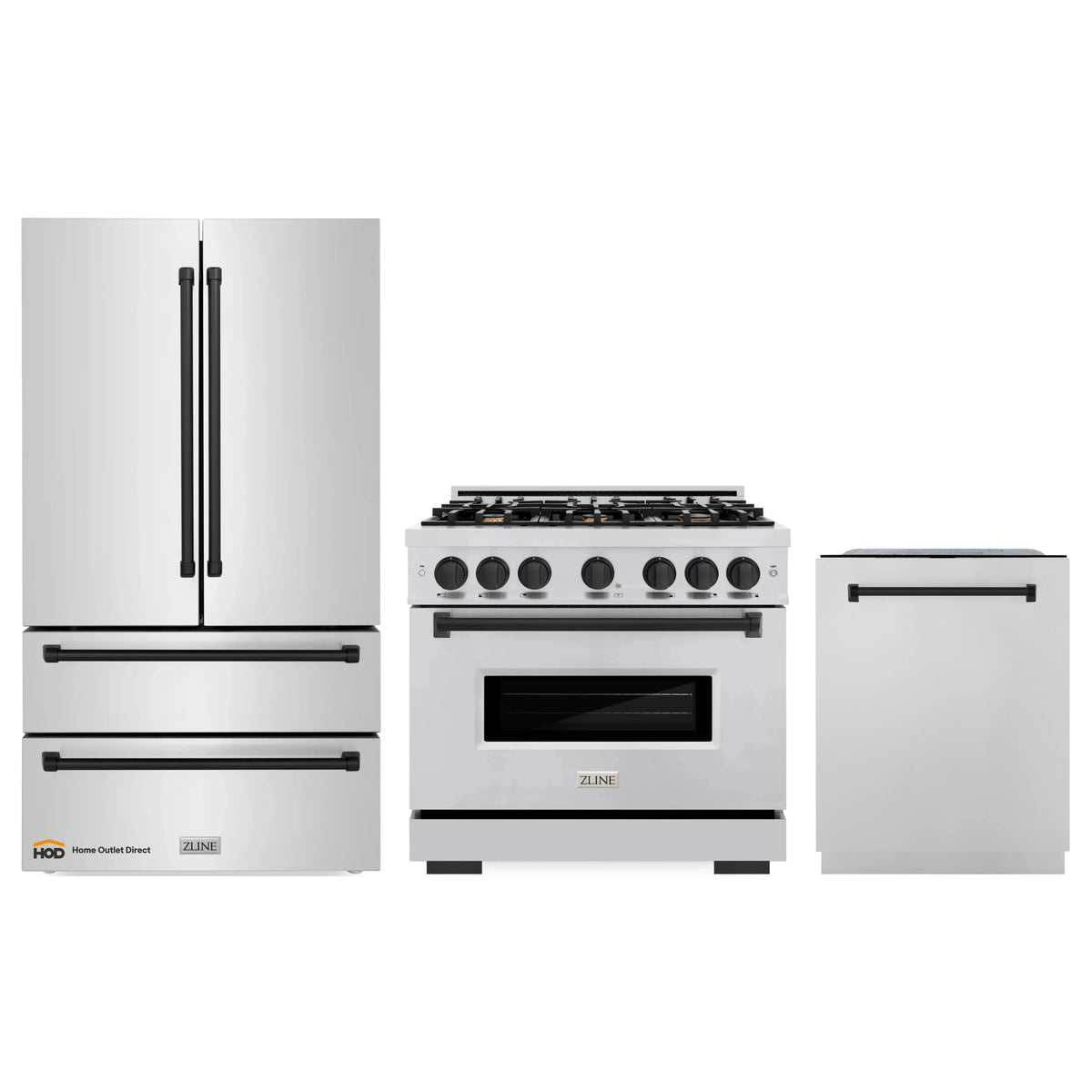 3-piece stainless steel appliance package with refrigerator, range, and dishwasher