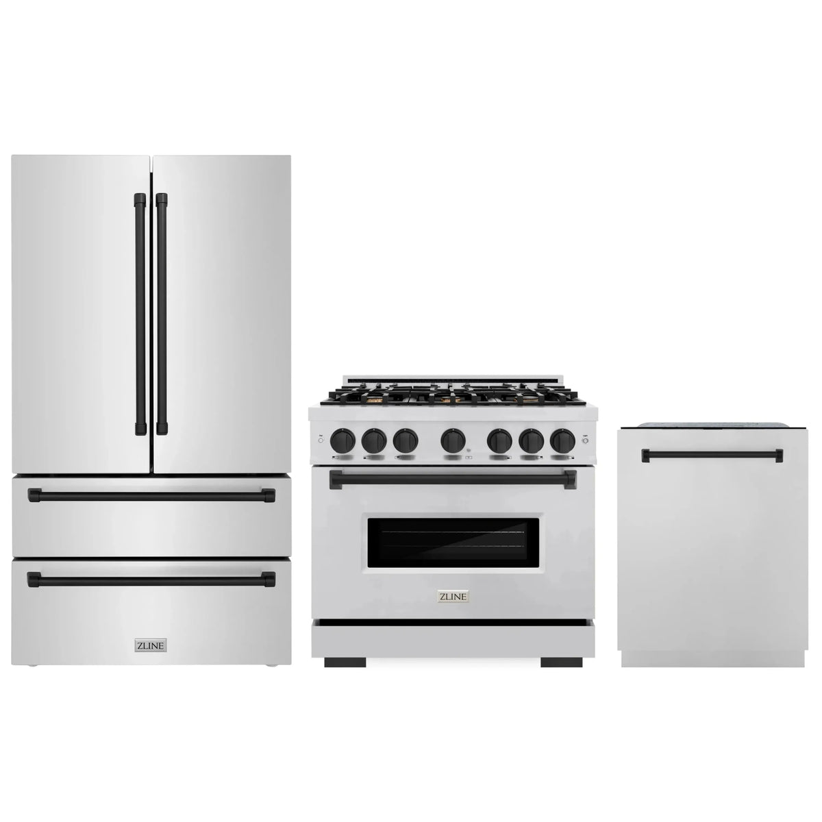 ZLINE 3-Piece Appliance Package - 36-Inch Dual Fuel Range, Refrigerator, and Dishwasher in Stainless Steel with Matte Black Accents