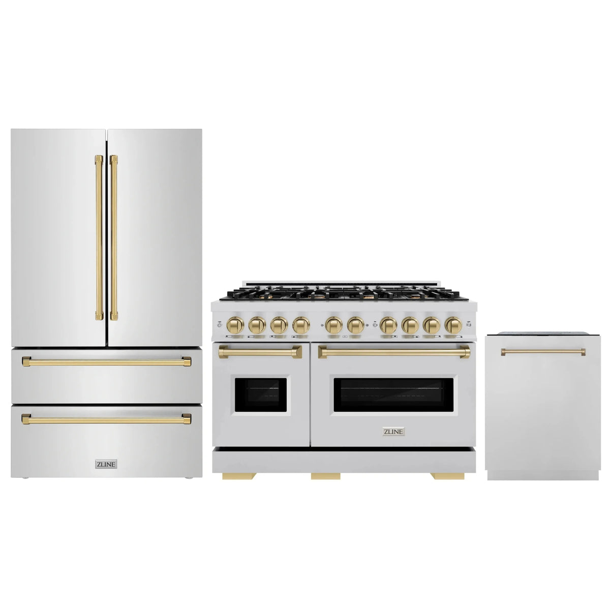 ZLINE 3-Piece Appliance Package - 48-Inch Dual Fuel Range, Refrigerator, and Dishwasher in Stainless Steel with Champagne Bronze Accents