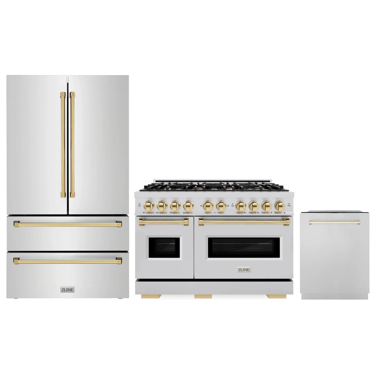 ZLINE 3-Piece Appliance Package - 48-Inch Dual Fuel Range, Refrigerator, and Dishwasher in Stainless Steel with Gold Accents