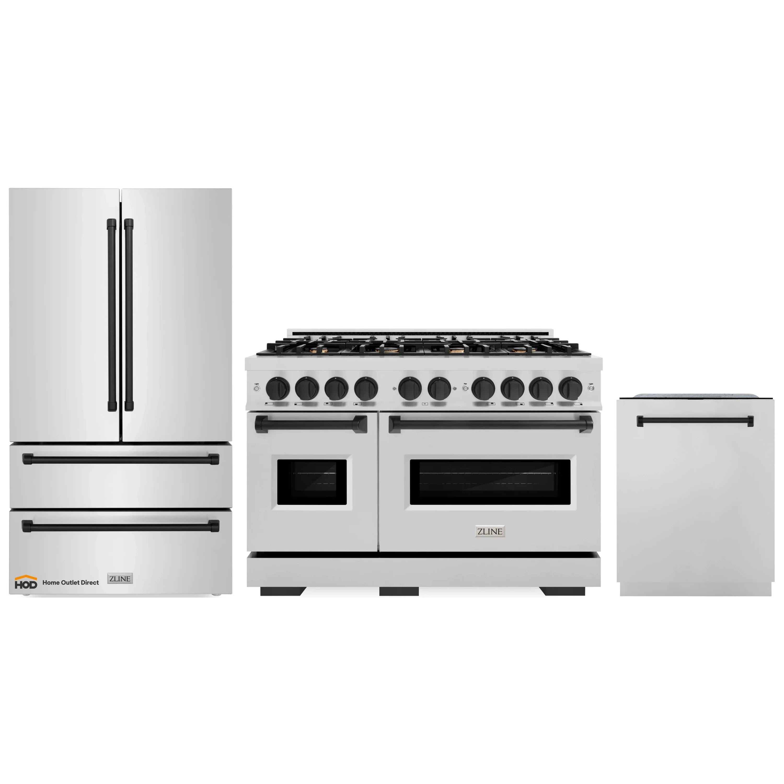 Stainless steel appliance package with dual fuel range, refrigerator, and dishwasher