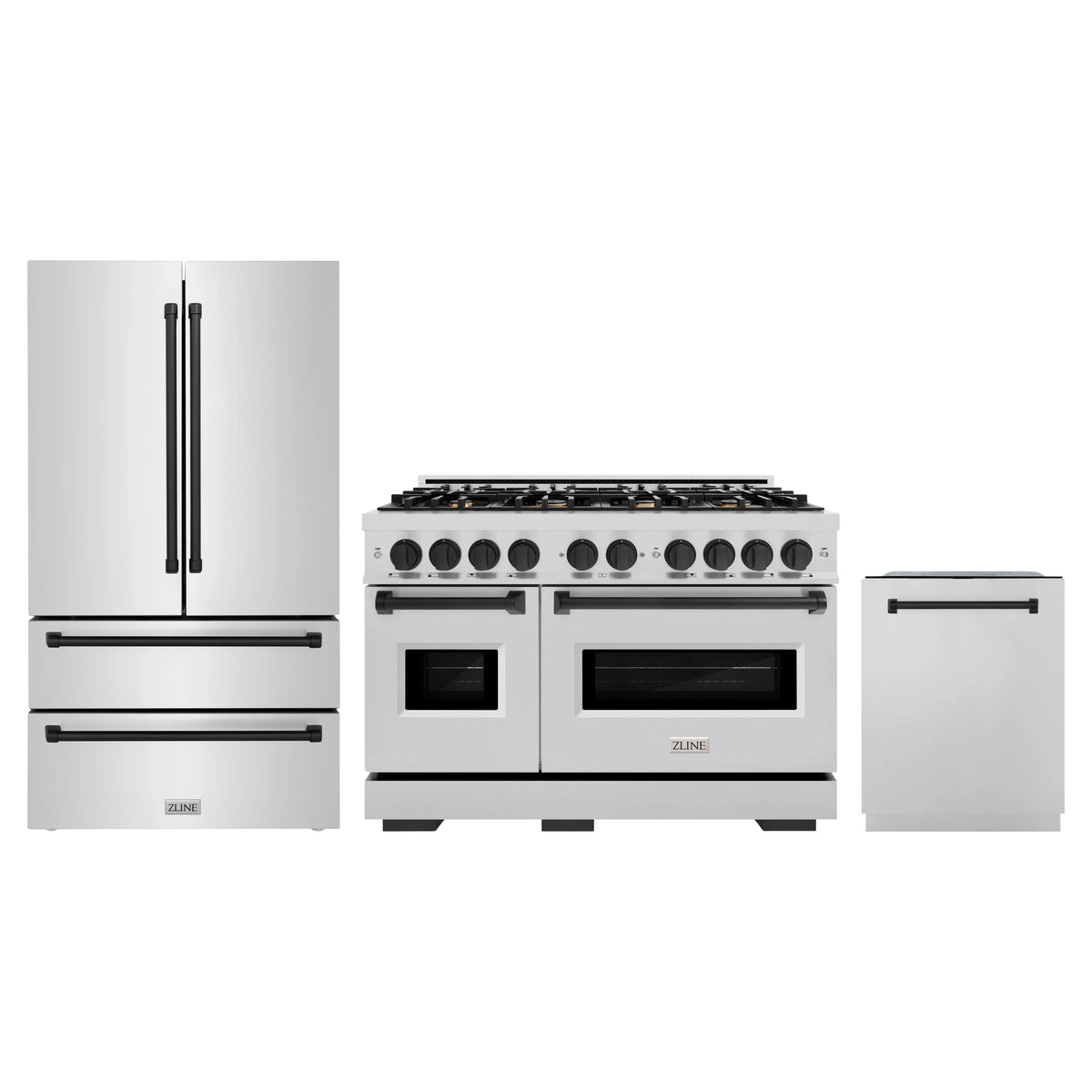ZLINE 3-Piece Appliance Package - 48-Inch Dual Fuel Range, Refrigerator, and Dishwasher in Stainless Steel with Matte Black Accents