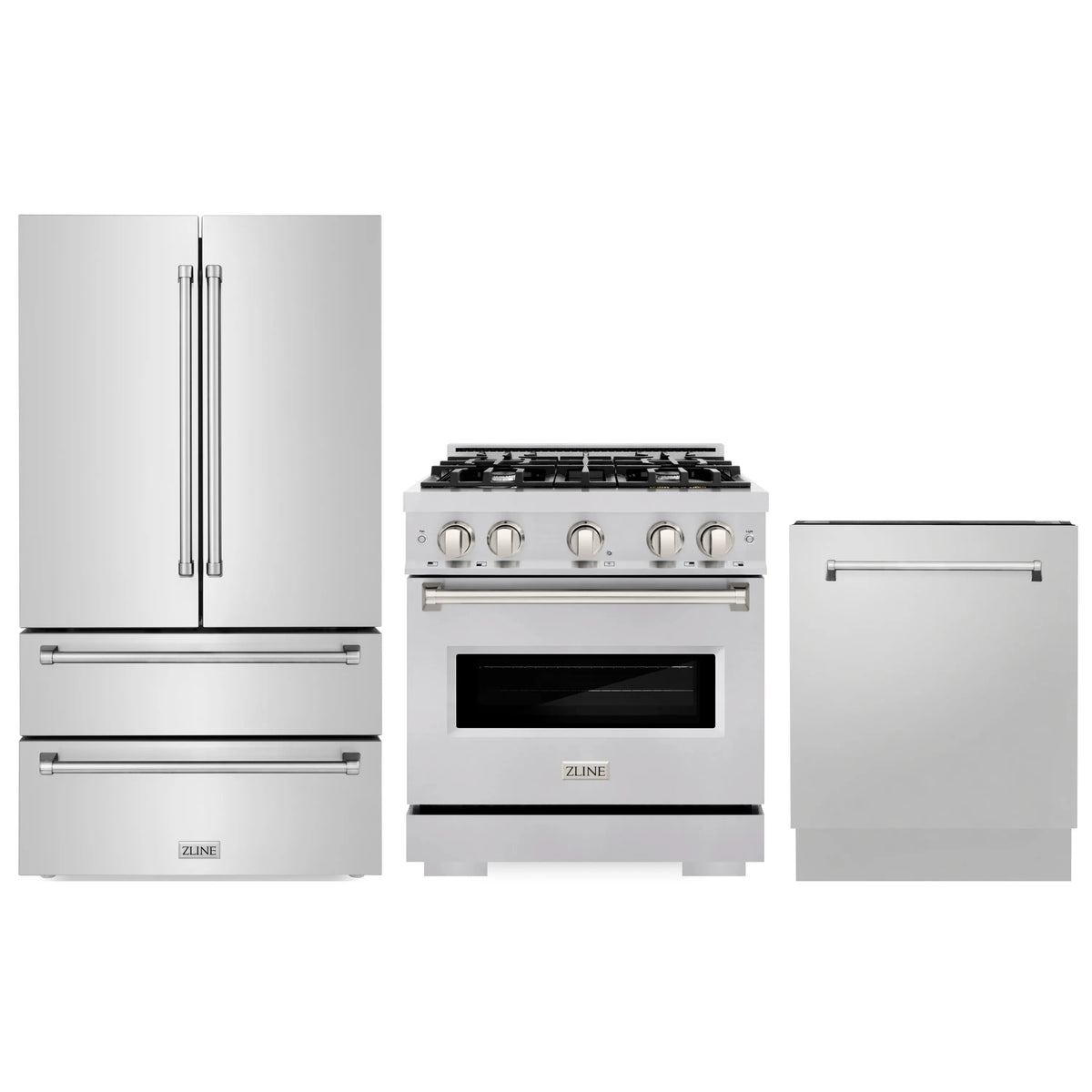 ZLINE 3-Piece Appliance Package - 30-Inch Gas Range, Refrigerator, and Dishwasher in Stainless Steel