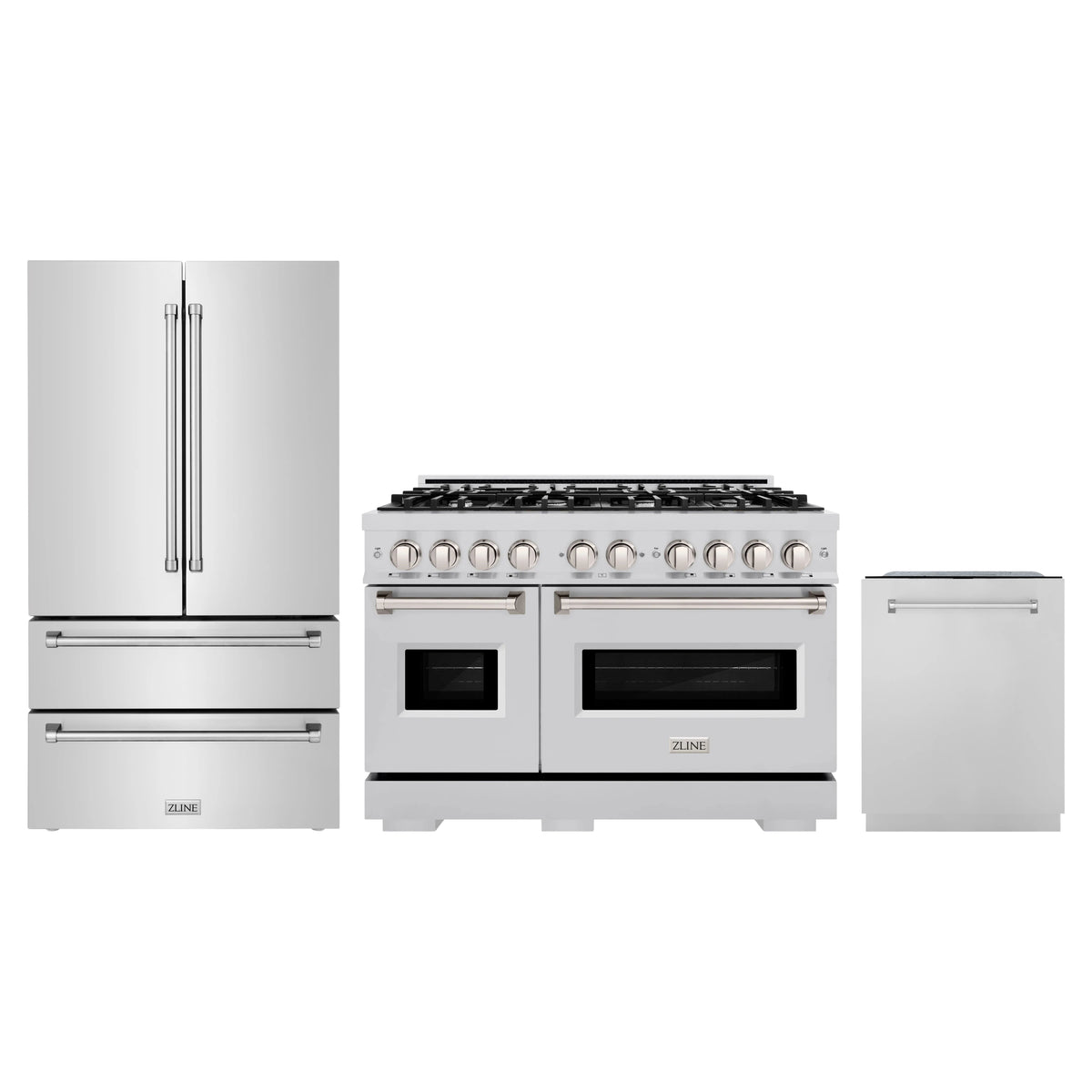 ZLINE 3-Piece Appliance Package - 48-Inch Gas Range, Refrigerator, and Dishwasher in Stainless Steel