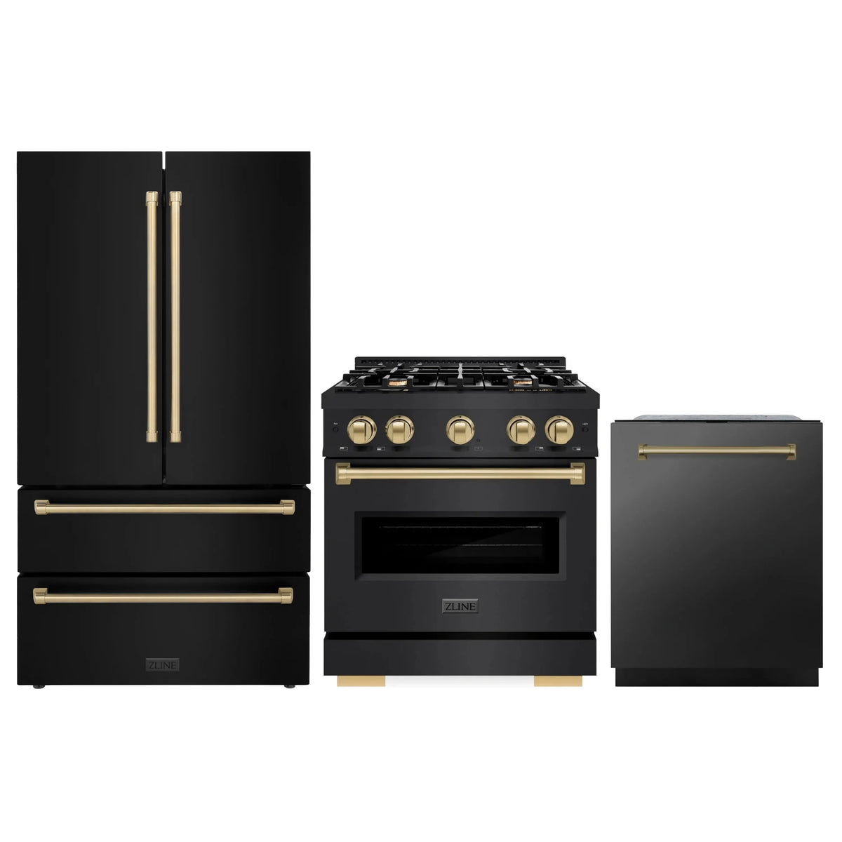 ZLINE 3-Piece Appliance Package - 30-Inch Gas Range, Refrigerator, and Dishwasher in Black Stainless Steel with Champagne Bronze Accents