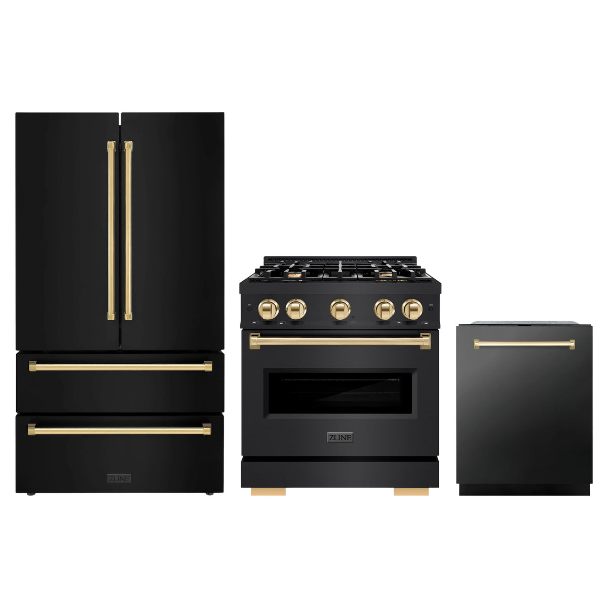ZLINE 3-Piece Appliance Package - 30-Inch Gas Range, Refrigerator, and Dishwasher in Black Stainless Steel with Gold Accents