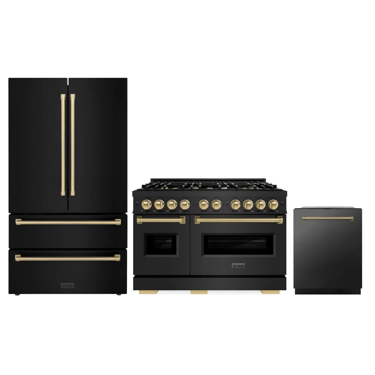 ZLINE 3-Piece Appliance Package - 48-Inch Gas Range, Refrigerator, and Dishwasher in Black Stainless Steel with Champagne Bronze Accents