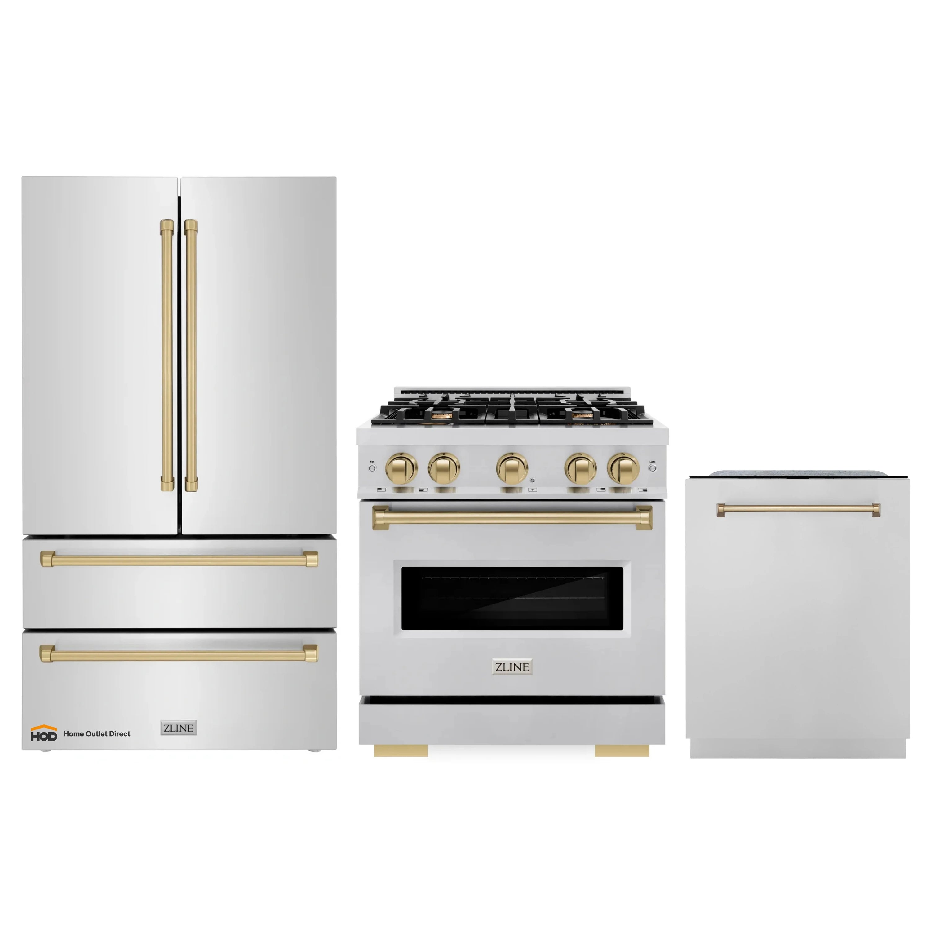 Stainless steel kitchen appliance set: refrigerator, gas range, and dishwasher with front panels
