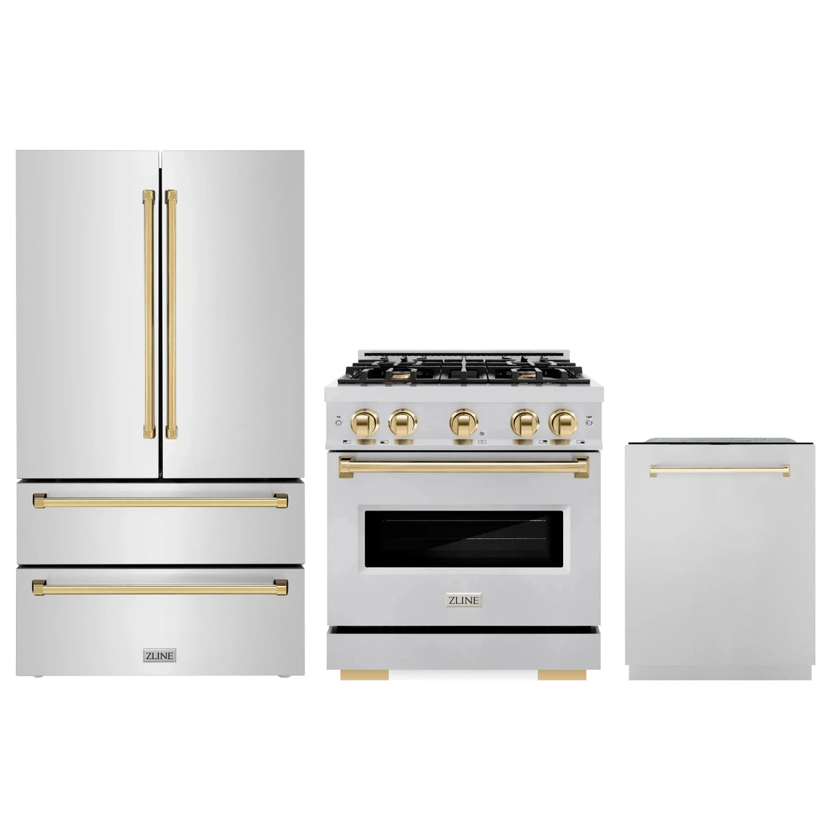 ZLINE 3-Piece Appliance Package - 30-Inch Gas Range, Refrigerator, and Dishwasher in Stainless Steel with Gold Accents