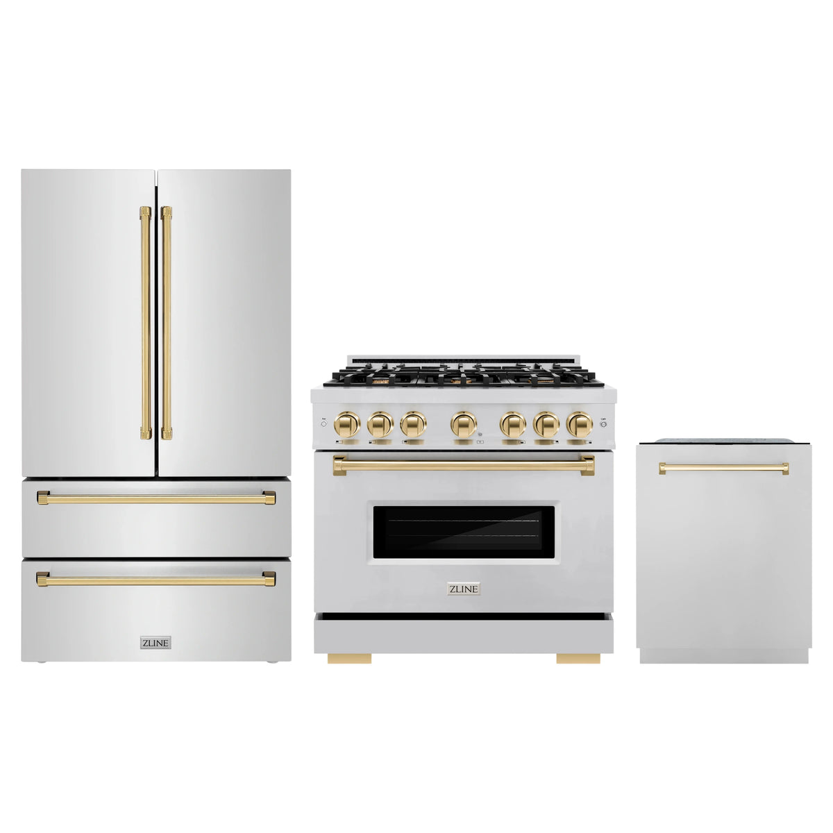 ZLINE 3-Piece Appliance Package - 36-Inch Gas Range, Refrigerator, and Dishwasher in Stainless Steel with Gold Accents