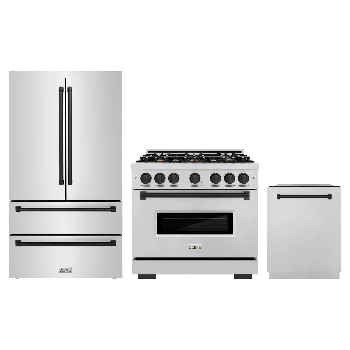 ZLINE 3-Piece Appliance Package - 36-Inch Gas Range, Refrigerator, and Dishwasher in Stainless Steel with Matte Black Accents