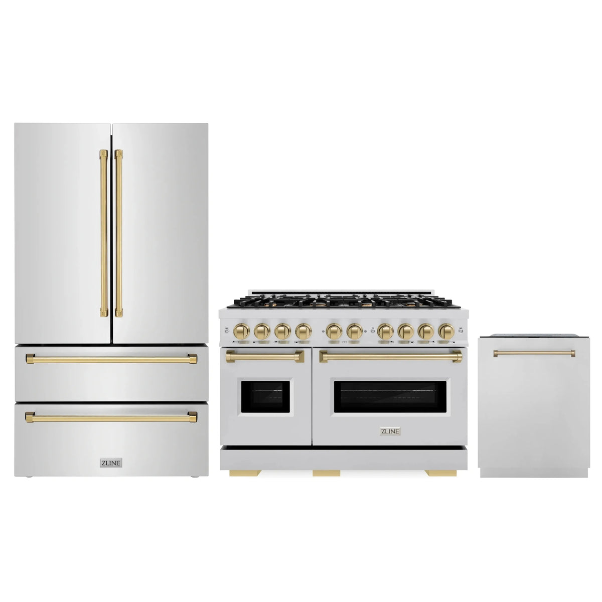 ZLINE 3-Piece Appliance Package - 48-Inch Gas Range, Refrigerator, and Dishwasher in Stainless Steel with Champagne Bronze Accents