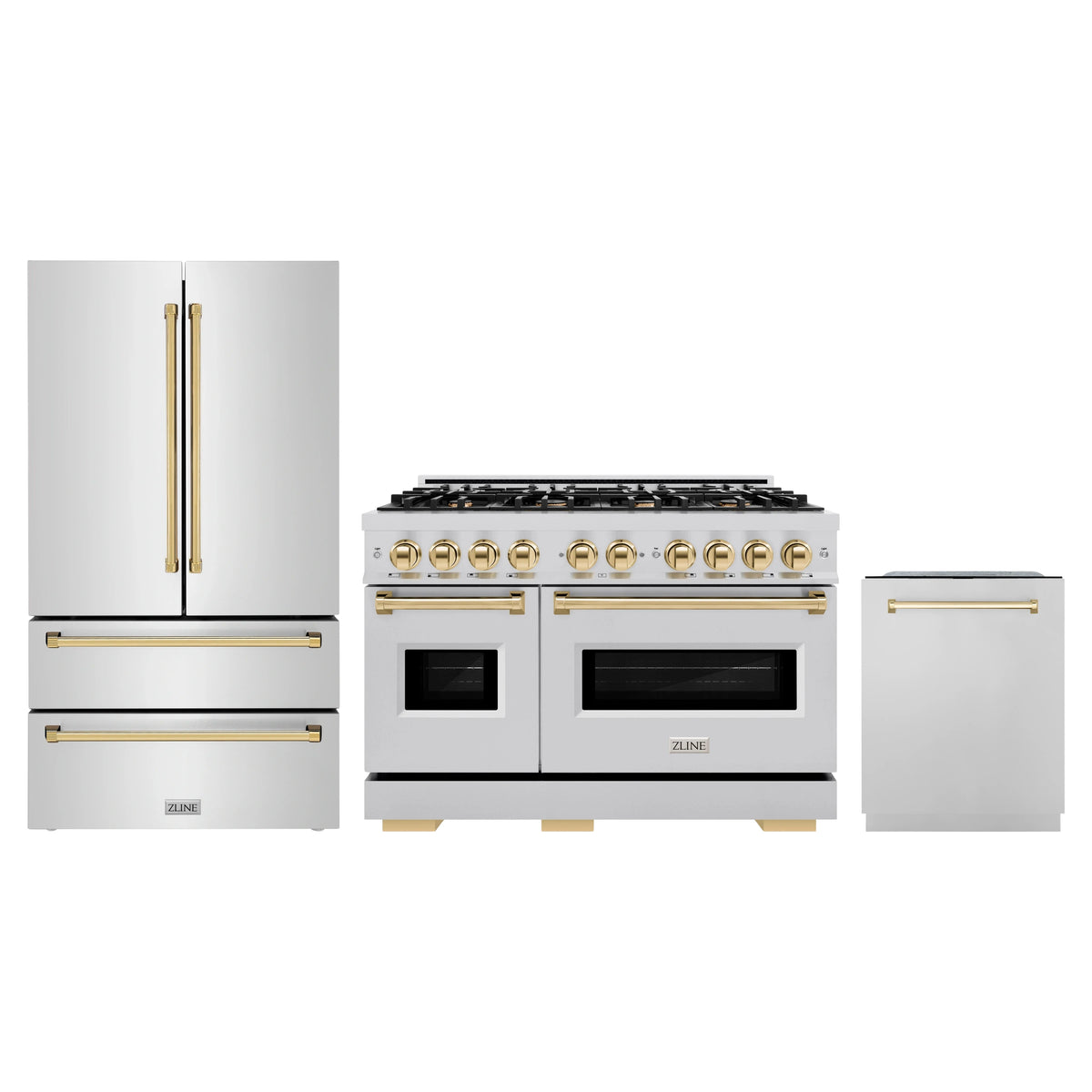 ZLINE 3-Piece Appliance Package - 48-Inch Gas Range, Refrigerator, and Dishwasher in Stainless Steel with Gold Accents