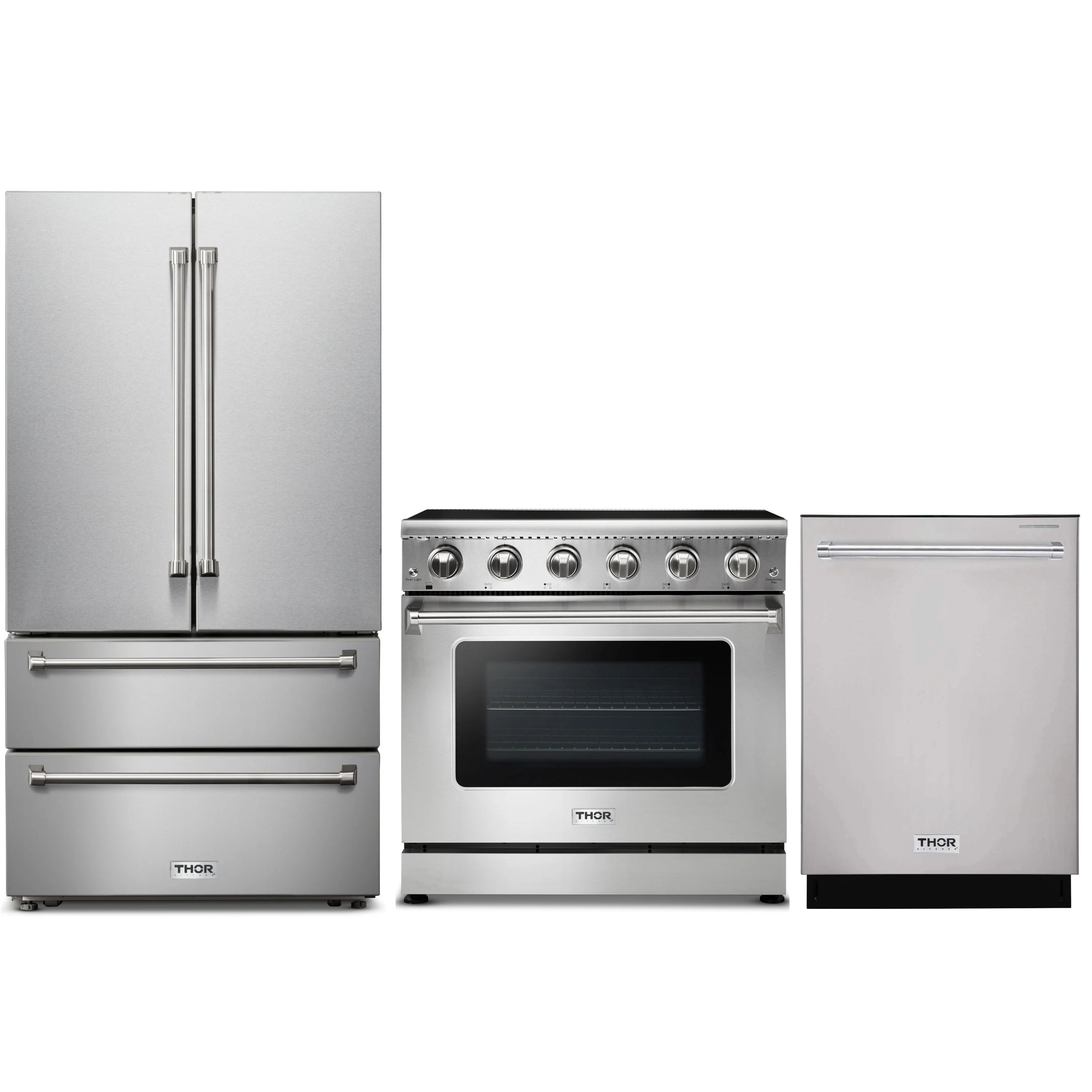 Stainless steel appliance package with French door refrigerator, electric range, and dishwasher