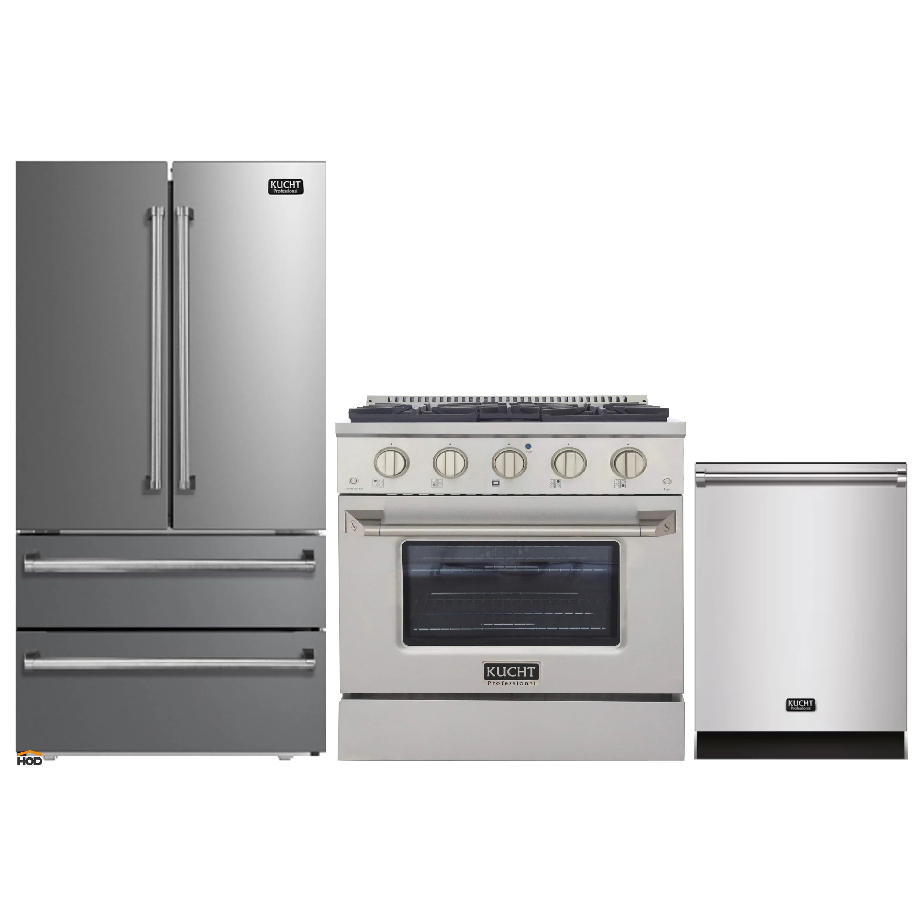Stainless steel refrigerator, dual-fuel range oven, and dishwasher set