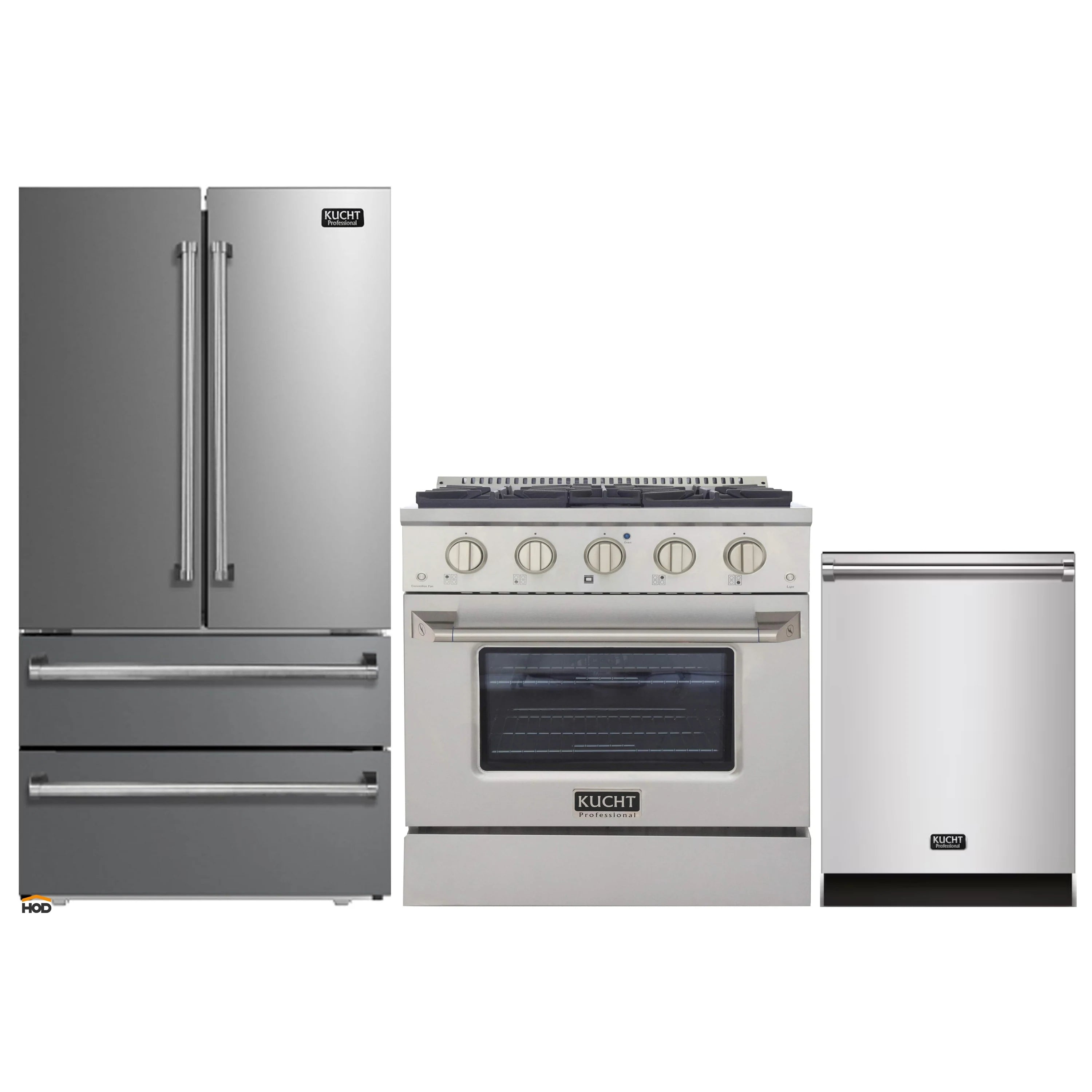 Built-in kitchen set with stainless steel refrigerator, dual fuel range, and dishwasher
