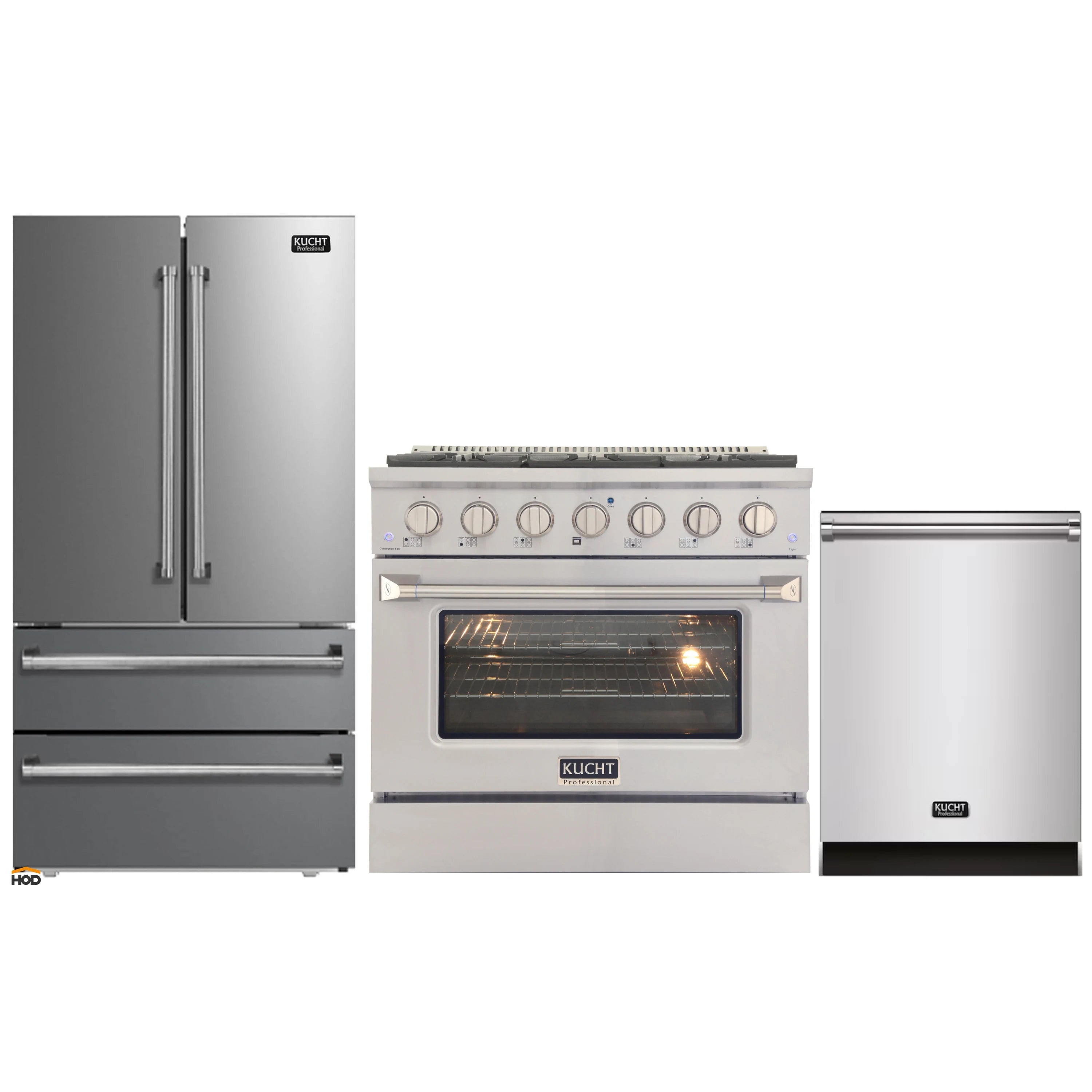Stainless steel refrigerator, dual fuel range, and dishwasher 3-piece kitchen set